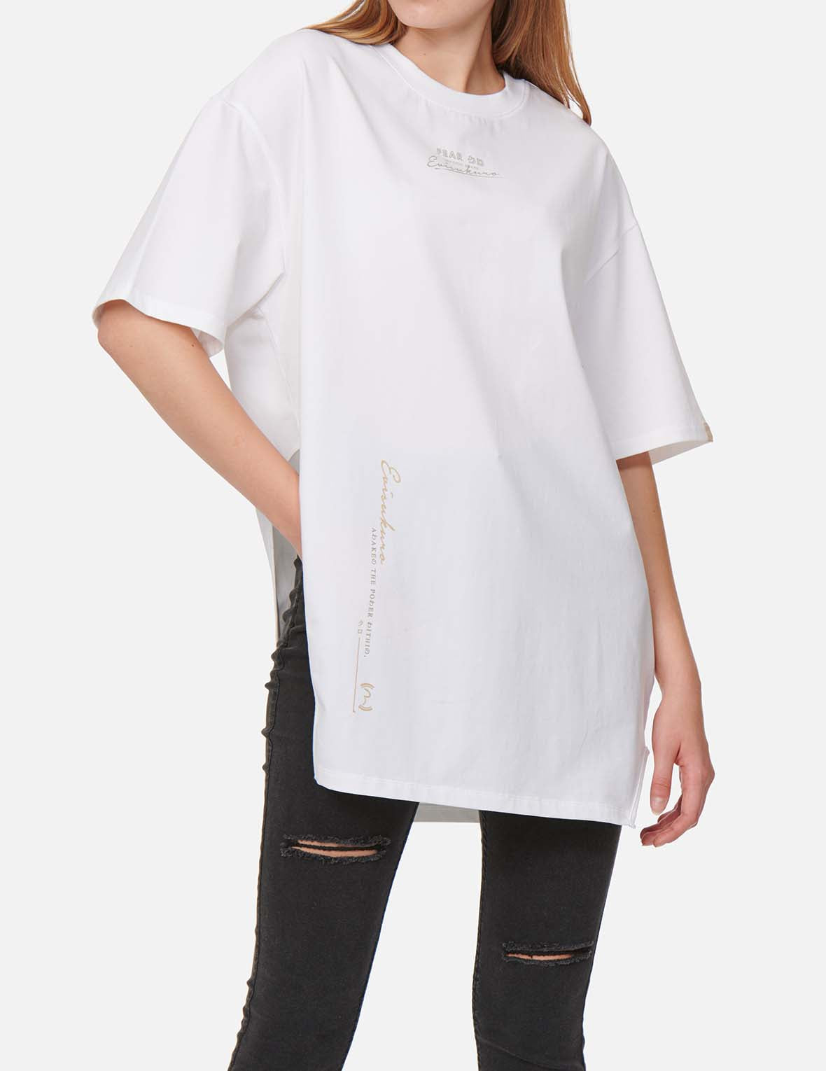 Stylish Asymmetric Foil Print T-Shirt for Women & Men - Trendy Graphic Tee with Multi-Logo Design - Perfect for Casual Wear, Parties, and Street Fashion