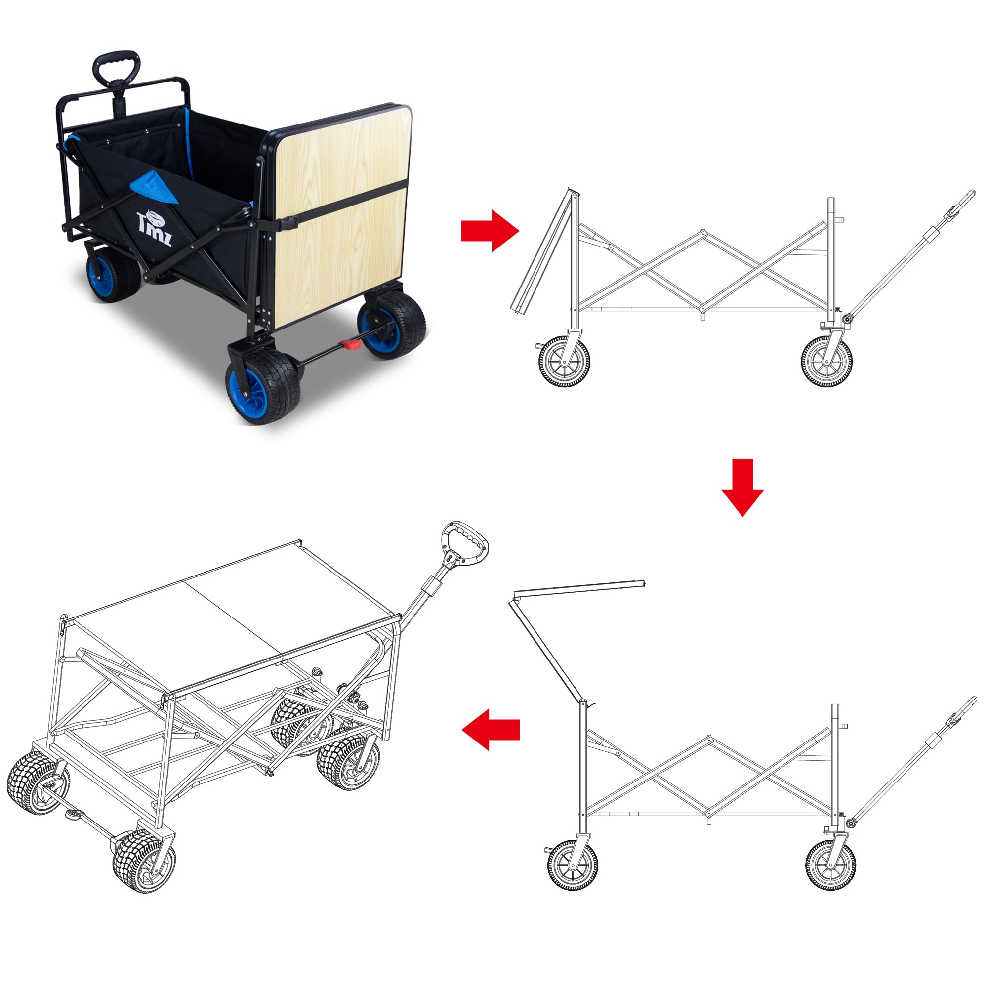 TMZ Heavy Duty All Terrain Utility Folding Wagon Cart with Removable Table - Collapsible Beach, Camping & Garden Wagon for Outdoor Activities, Shopping, Picnics & Tailgating (Blue)