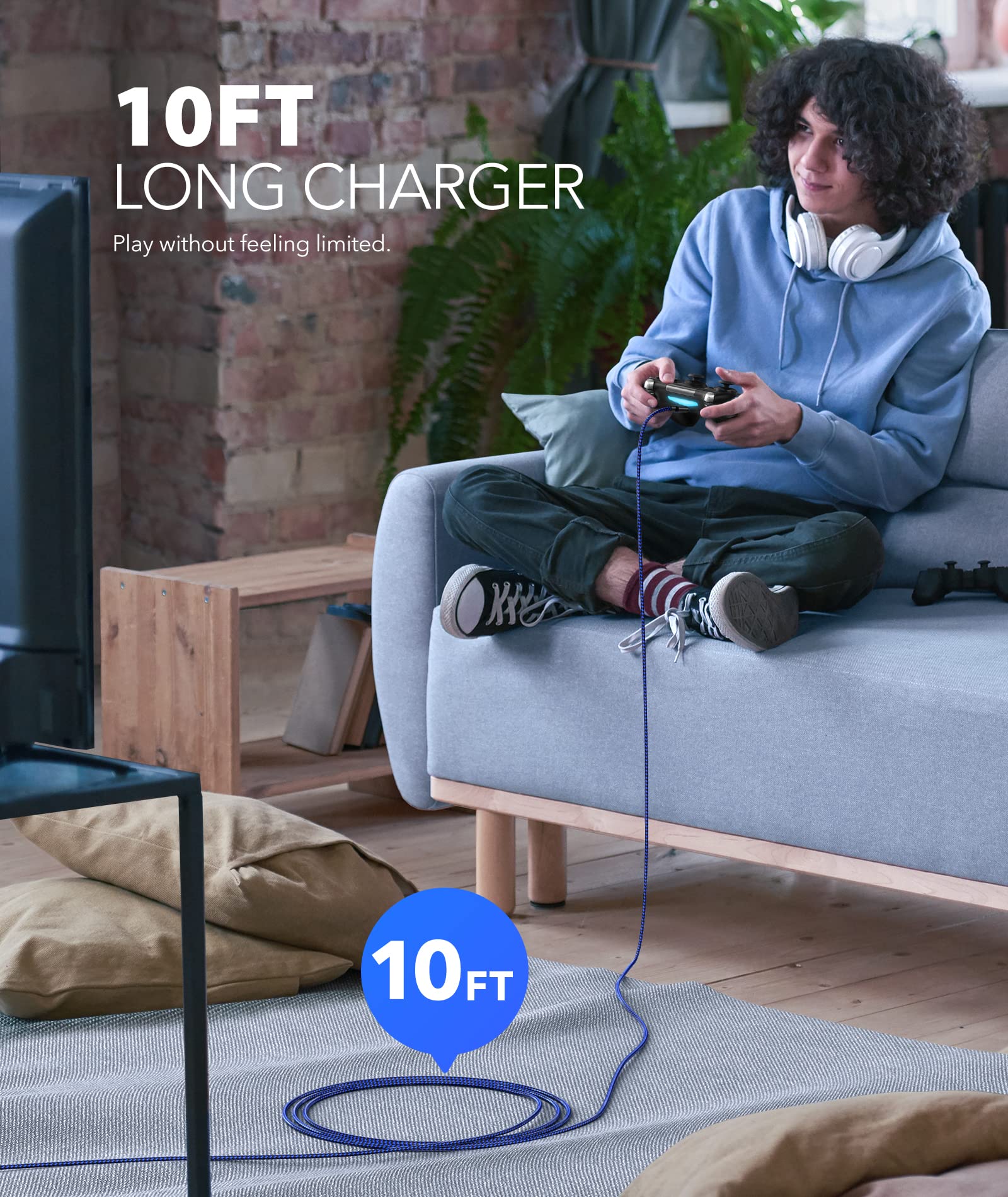 4-Pack Durable Nylon Braided 10ft Micro USB Charging Cable for PS4 Controller - Fast Charging & Data Sync - Perfect for Gaming, Home Entertainment & Office Use