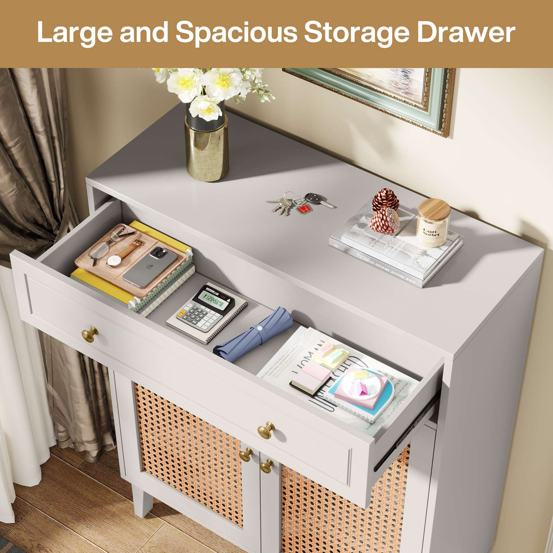 Solid Wood Shoe Cabinet with Rattan Doors & Drawer - Modern Entryway Shoe Storage Organizer for Hallway, Closet, or Mudroom Organization