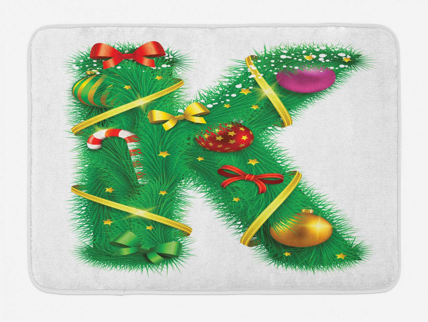 Ambesonne Christmas Alphabet Bath Mat with Letter K Holiday Baubles Ornaments Ribbons Stars Print - Non-Slip Plush Bathroom Rug 30