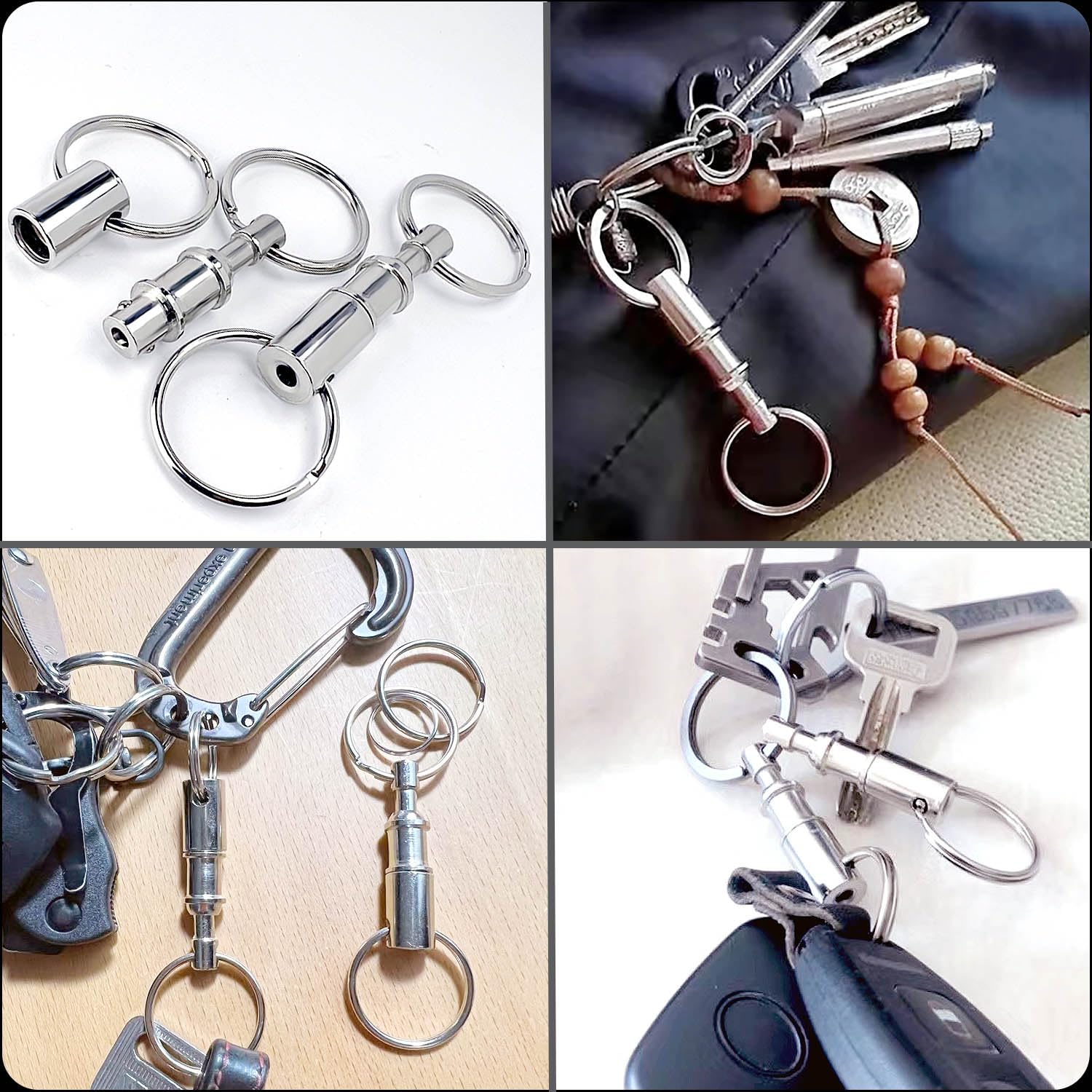 Tenalleys 4 Pack Quick Release Detachable Keychain - Silver Dual Pull Apart Key Rings for Home, Office & Car Keys | Easy Key Organization & Security