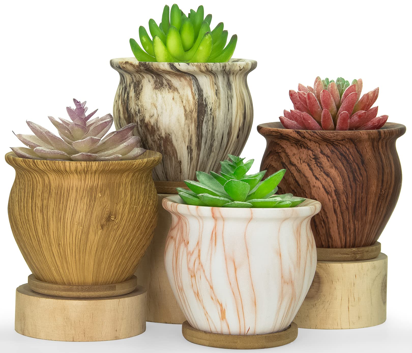 ARTKETTY 4.5 Inch Ceramic Succulent Pots with Bamboo Drainage Trays - Set of 4 Small Planters for Cactus, Aloe & Indoor/Outdoor Plants | Perfect for Home Decor, Office Desk & Garden Arrangements