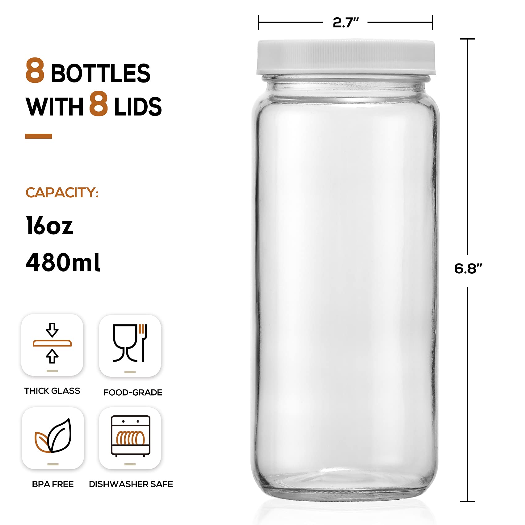 8 Pack 16oz Glass Juice Bottles with 2 Straws & 2 Lids - Reusable Mason Jars for Juice, Smoothies, Bubble Tea, Kombucha - Leakproof Travel Drinking Cups with White Airtight Lids - Perfect for Home, Office, Gym & Outdoor Activities