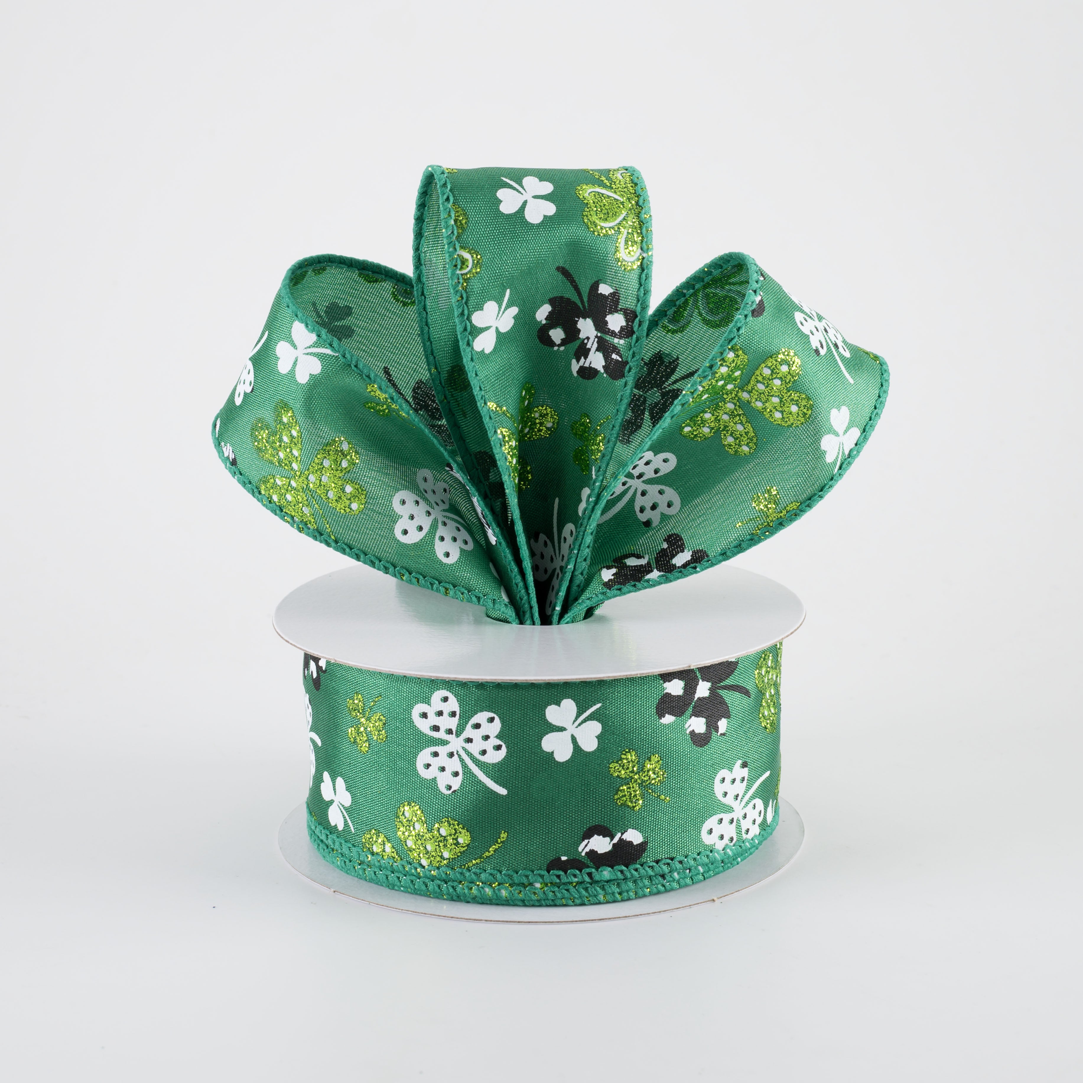 1.5 Inch Patterned Glitter Shamrocks Ribbon - Emerald Green St. Patrick's Day Decor (10 Yards) for DIY Crafts, Gift Wrapping, Party Decorations & Scrapbooking