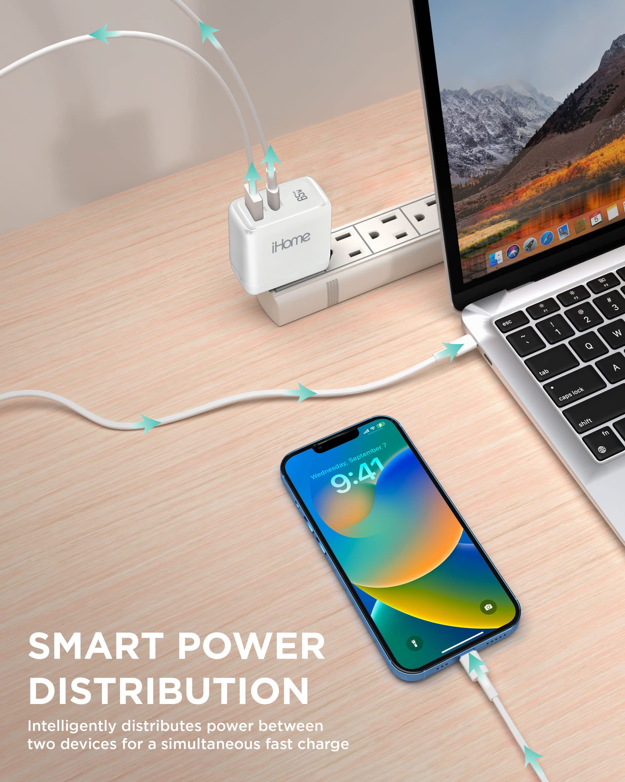 iHome 65W GaN Fast Charger Block - Dual Port USB C & USB A PD Charger - Compact Foldable Plug for MacBook Pro/Air, iPhone 15/14, iPad, Samsung Galaxy - Perfect for Travel, Office & Home Charging
