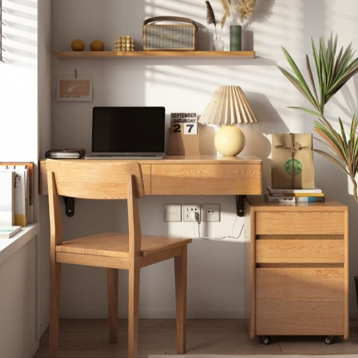 Solid Oak Wood Wall Mounted Floating Desk - Home Office, Study, or Workspace Solution for Small Spaces
