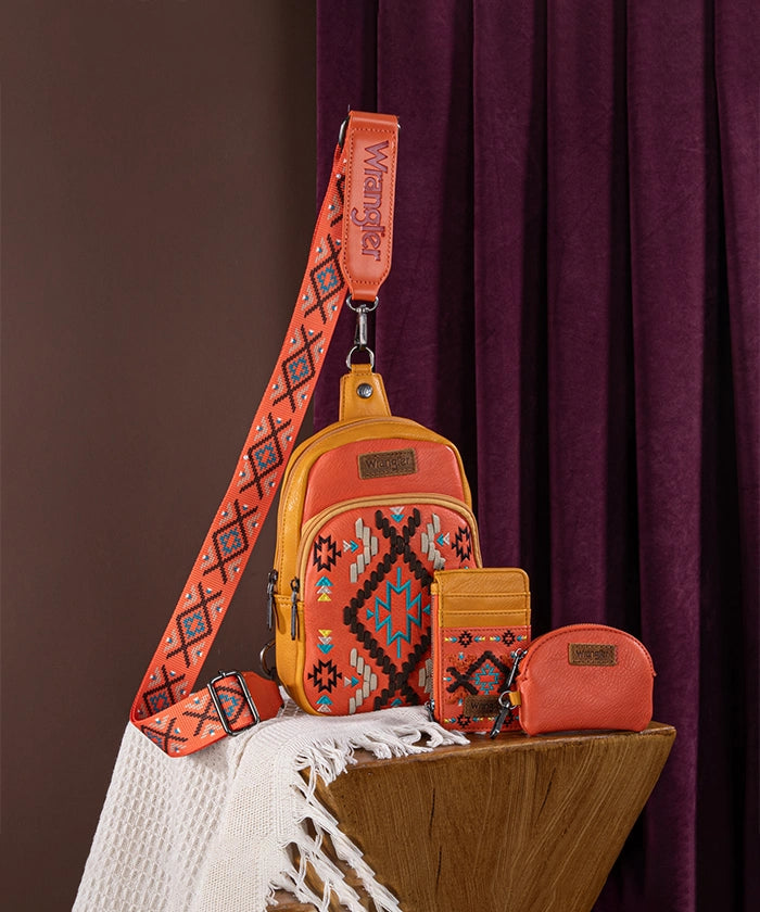 Wrangler Aztec Embroidered Whipstitch Sling Bag - Stylish Crossbody Purse for Women, Men | Perfect for Travel, Hiking & Everyday Use