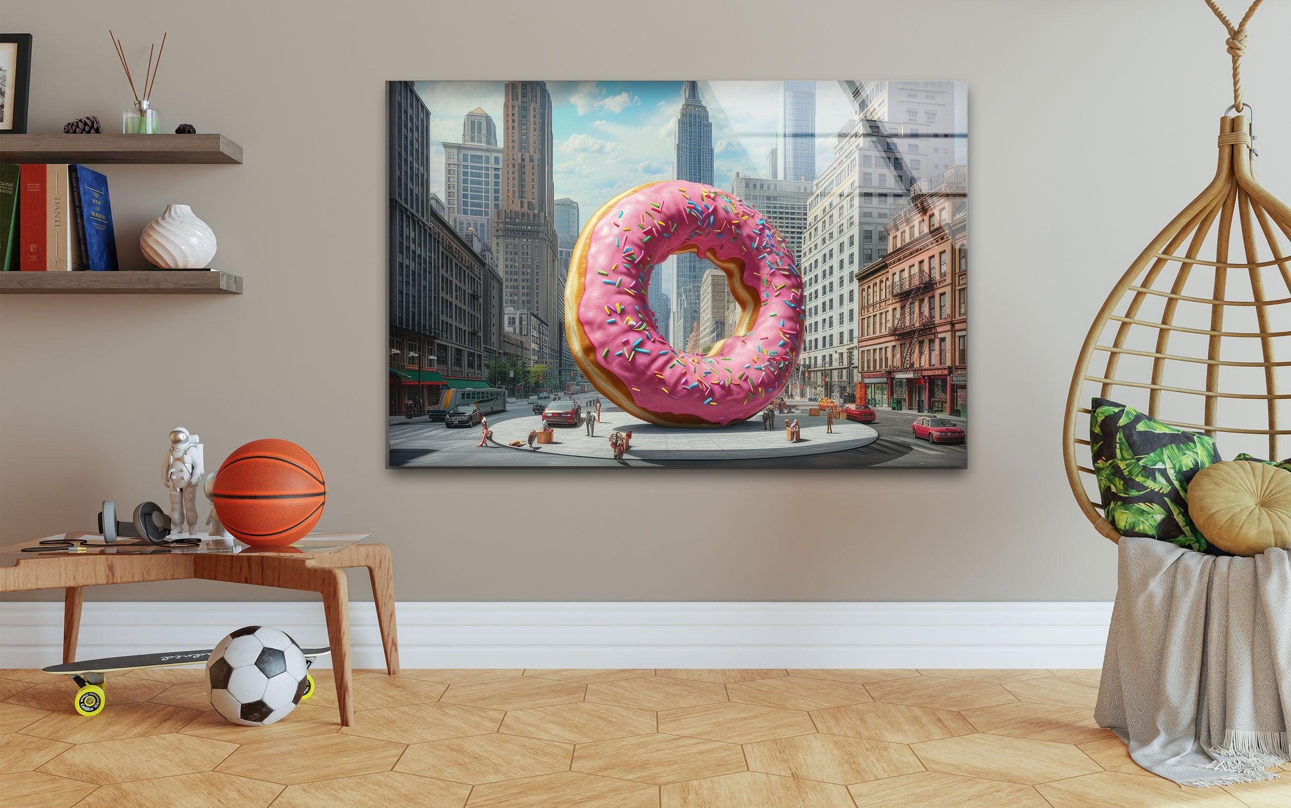 Big Donut Cool Art Glass Wall Decor - Unique Handmade Glass Art for Home, Office & Cafe Decoration - Perfect Gift for Donut Lovers