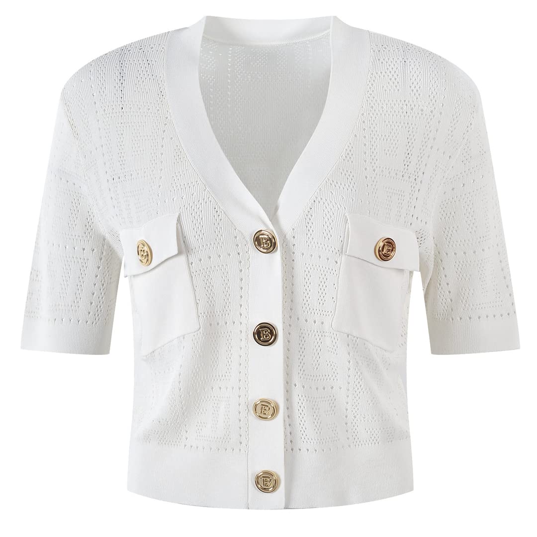 2022 Women's Casual V-Neck Short Sleeve Knitted Sweater Top - Korean Streetwear Button Down Shirt in White Size L | Perfect for Spring Outfits, Office Wear & Street Style Fashion