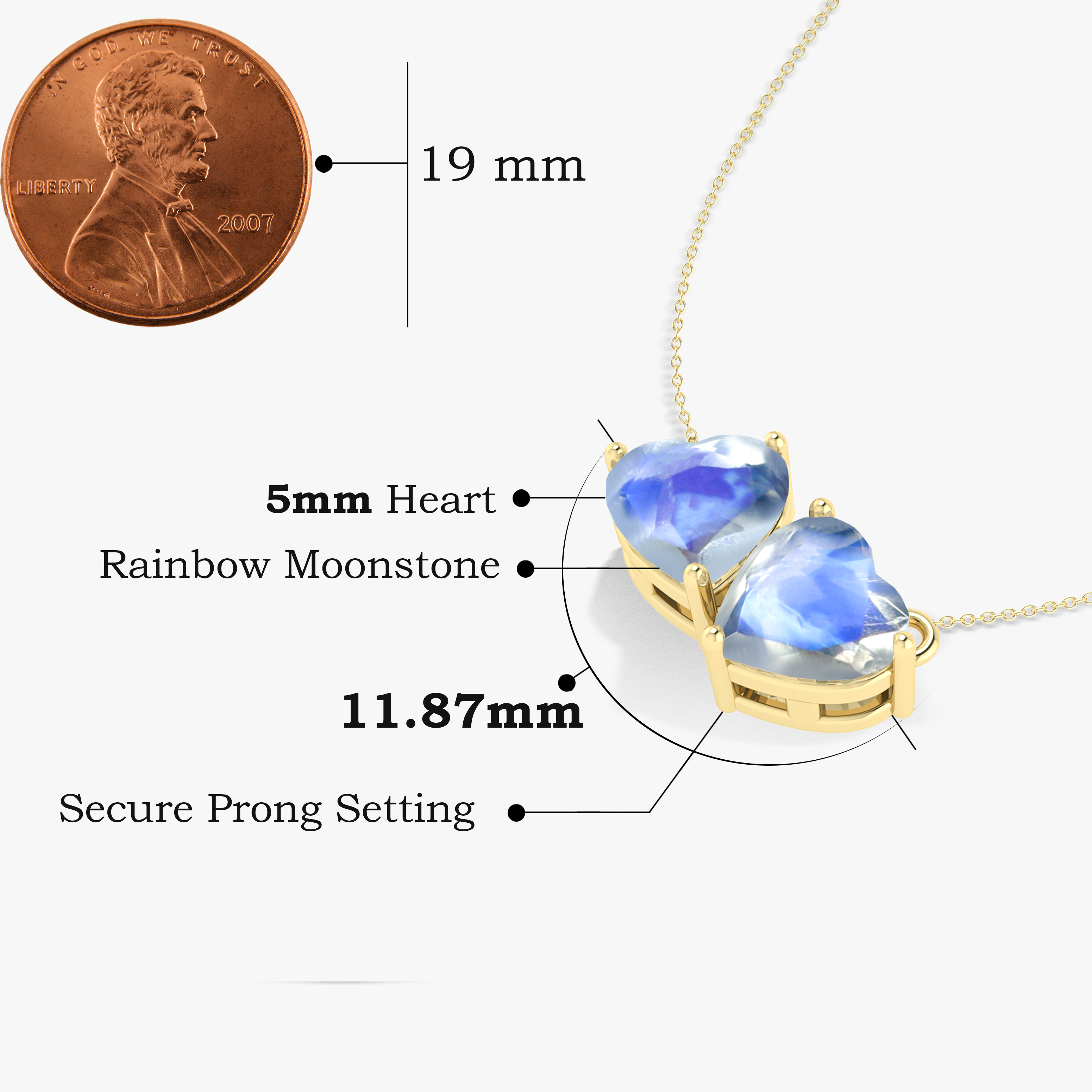 Rainbow Moonstone Dual Heart Pendant Necklace - Genuine Natural Gemstone Jewelry for Women - Perfect Gift for Birthday, Anniversary & Valentine's Day