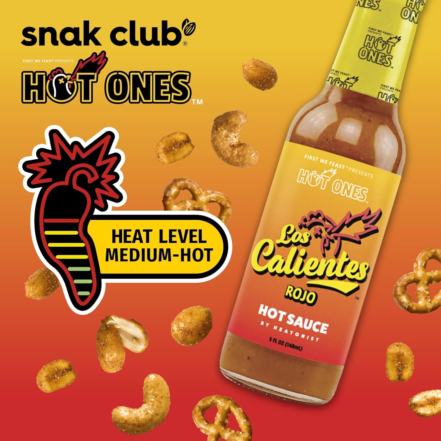 Hot Habanero Snack Mix by Snak Club x Hot Ones - Spicy Peanuts, Pretzels, Sesame Sticks, Toasted Corn & Cashews - 10 oz Bag - Perfect for Parties, Game Nights & Spicy Food Lovers