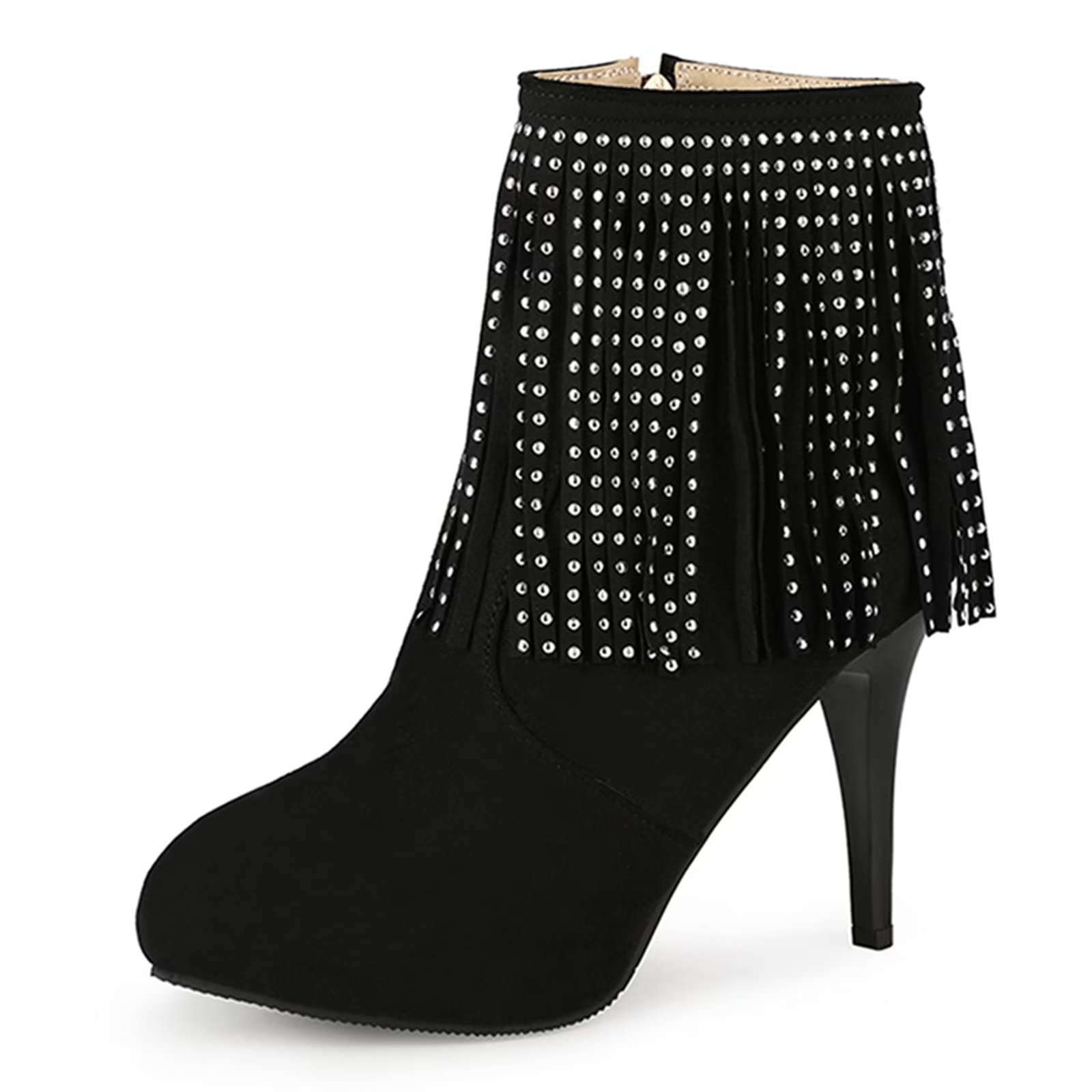 Women's Stiletto High Heel Ankle Boots with Tassel Detail - Pointed Toe Zipper Short Booties for Party, Club & Evening Wear