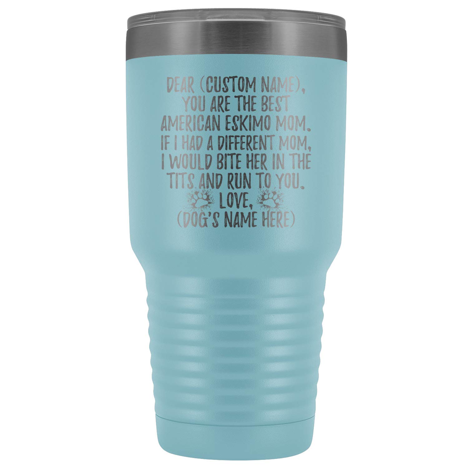 Personalized American Eskimo Dog Mom Tumbler - 30oz Insulated Stainless Steel Travel Mug with Lid & Straw - Perfect Gift for Eskimo Spitz Dog Owners, Women & Pet Lovers - Great for Coffee, Tea & Cold Drinks at Home, Office or Outdoor Adventures (Light Blue)