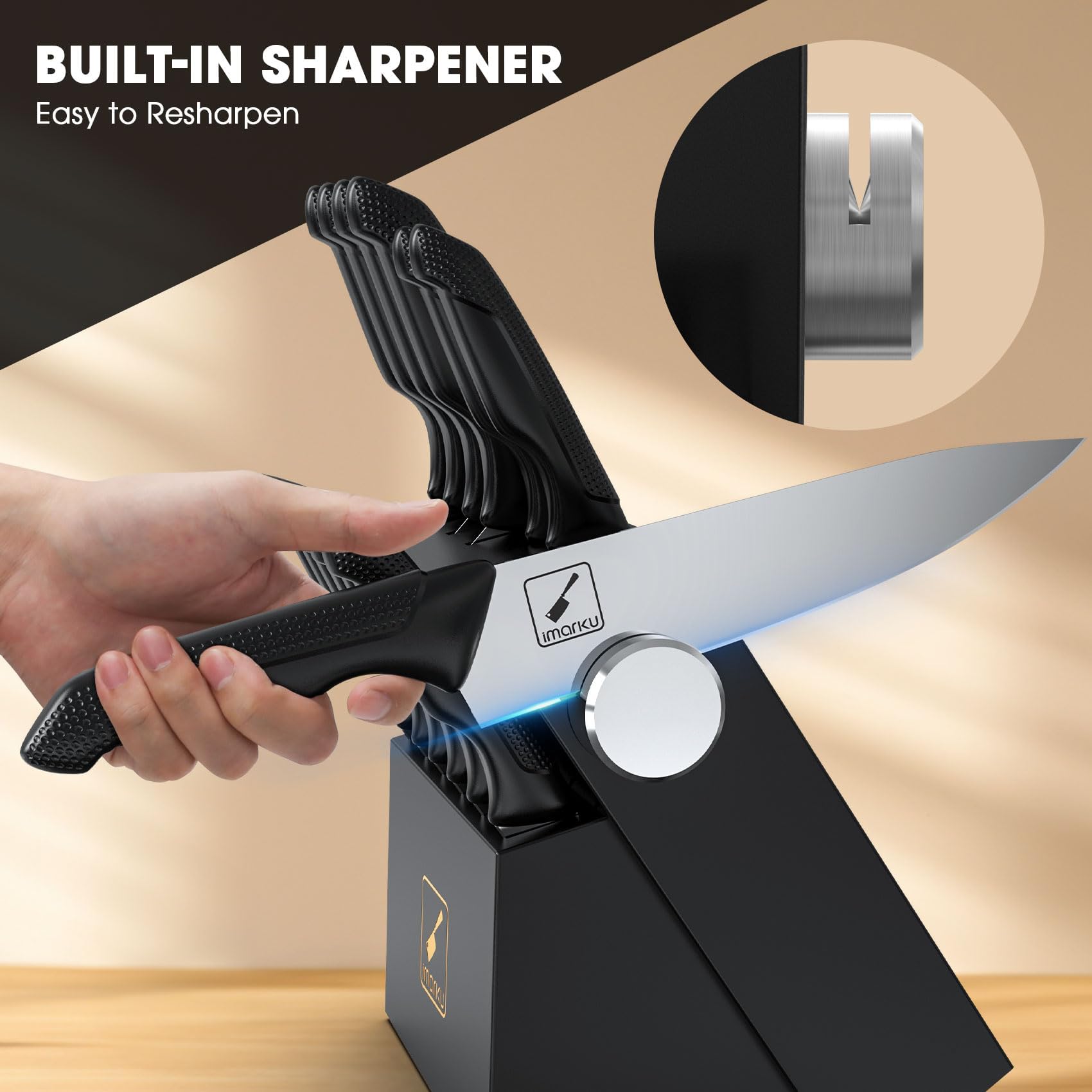IMARKU 14-Piece Professional Knife Set with Block - Stainless Steel Kitchen Knives with Built-in Sharpener, Non-Slip Ergonomic Handles, Dishwasher Safe - Perfect for Home Chefs, Cooking Enthusiasts & Gift Giving