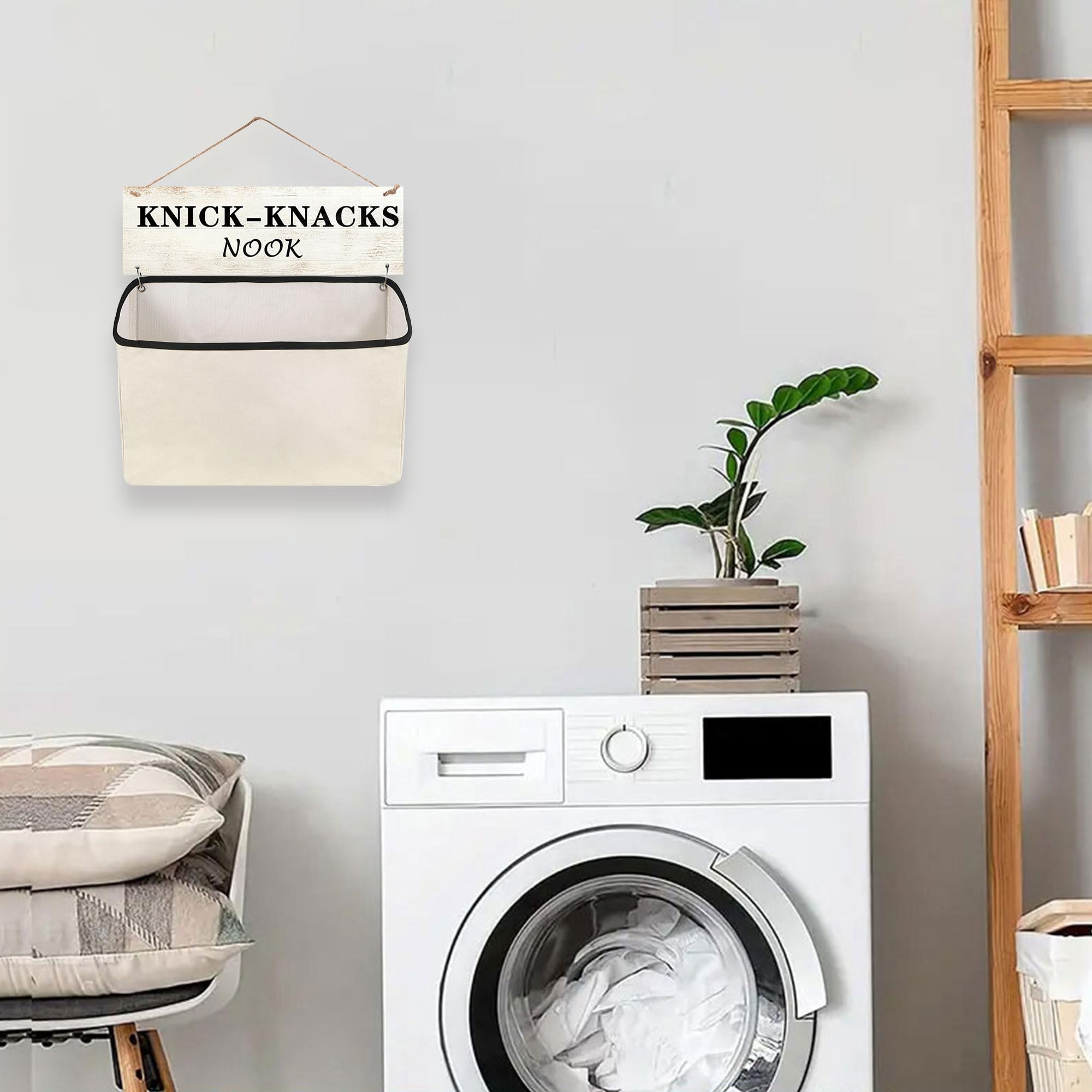 Funny Wooden Laundry Room Sign & Wall-Hanging Sock Storage Bag - Single Canvas Basket for Lost Sock Organization - Perfect for Laundry Decor & Small Space Storage Solutions (KNICK-KNACKS NOOK)