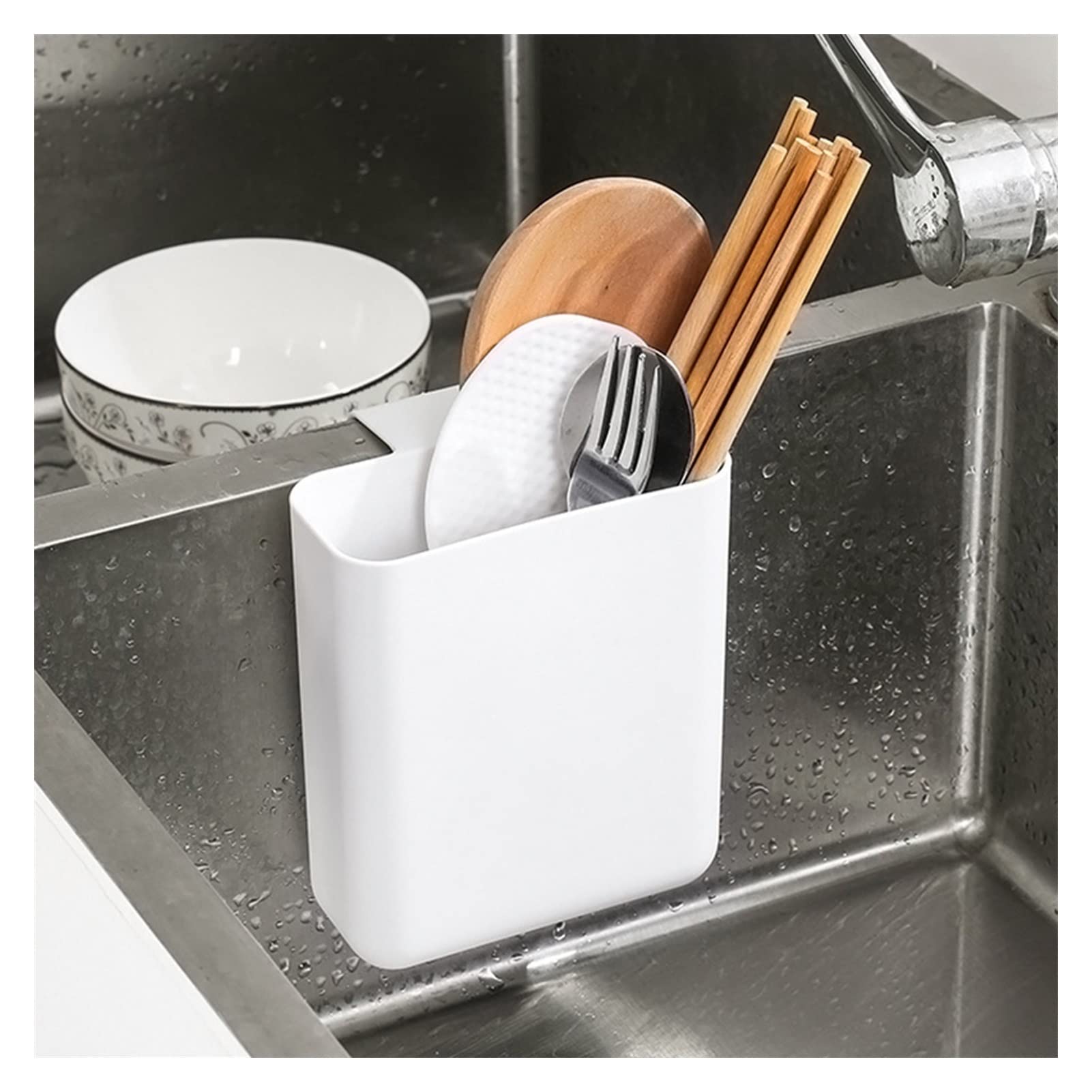 Stainless Steel Sink Colander Strainer Basket - Hanging Drain Rack Organizer for Kitchen Sink | Perfect for Tableware, Sponge & Soap Storage | Space-Saving Kitchen Organizer (High White) - Ideal for Small Kitchens & Dish Drying