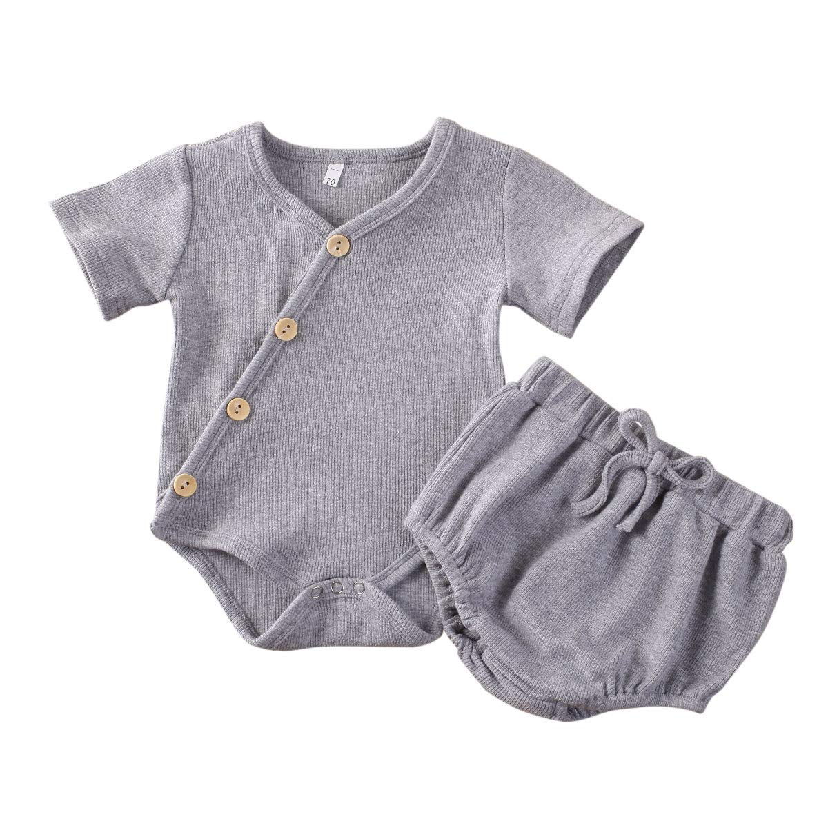 Newborn Baby Girls & Boys Ribbed Knitted Outfit Set - Solid Color Top & Bloomers Shorts - Soft Cotton Infant Clothes for Photoshoots, Playtime & Daily Wear