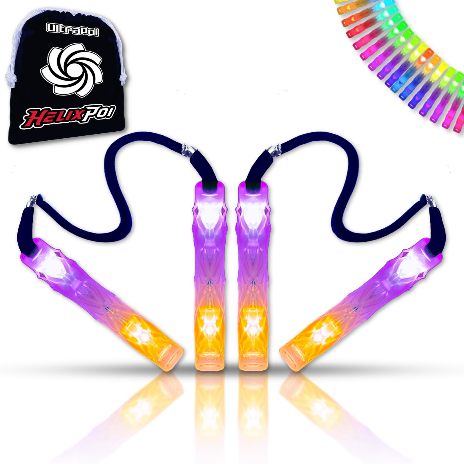 HelixPoi LED Glow Stick Lights Set - 70+ Color Modes & Patterns with Soft Durable Cases & Adjustable Leashes - Flow Arts Spinning Toy for Performances, Dance, Fire Poi Practice, and Nighttime Entertainment - UltraPoi Double Helix Poi with Bright LED Lights