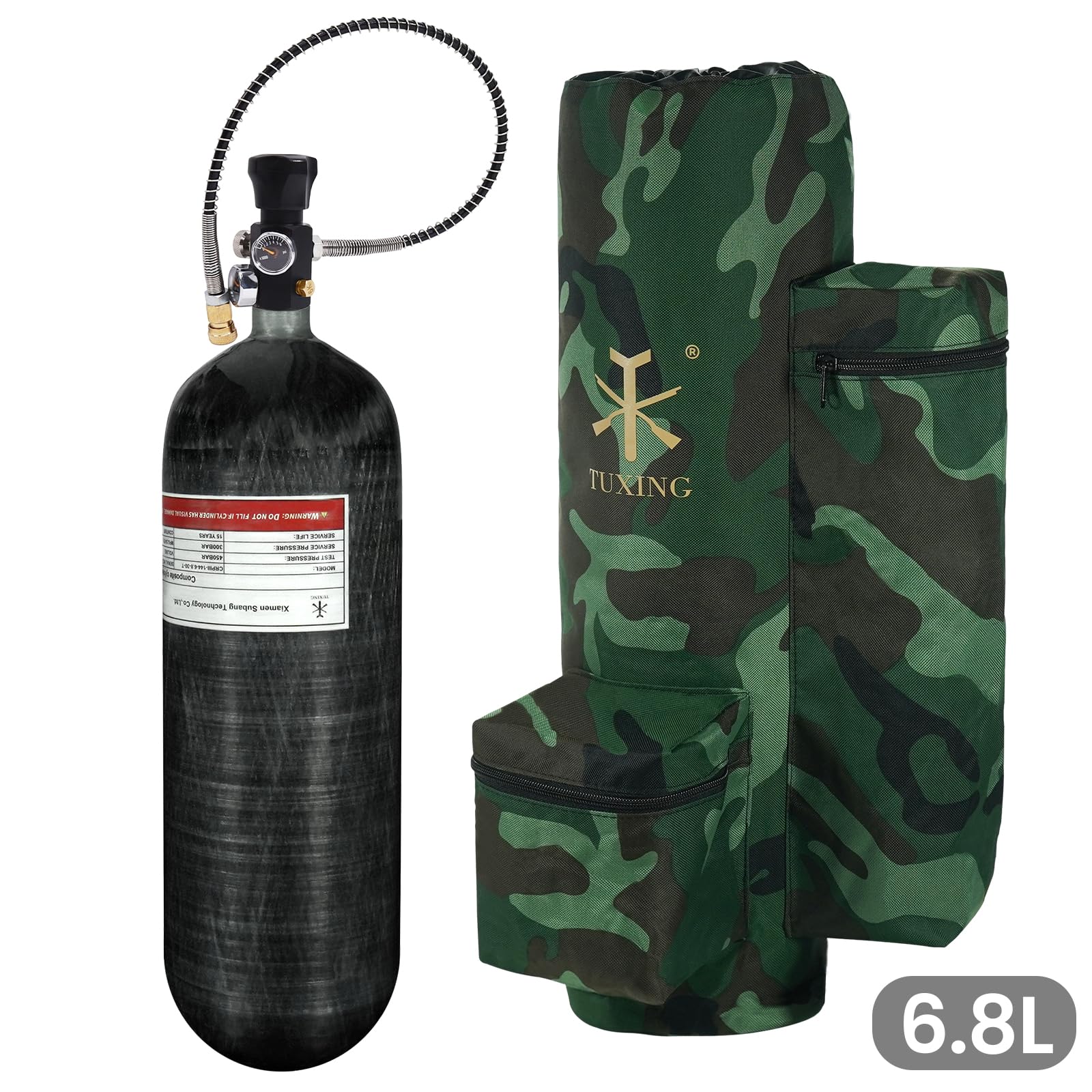 TUXING 4500psi 6.8L/414ci Carbon Fiber Paintball HPA Air Tank - PCP Air System with Dual Gauge Valve & Carry Bag | Perfect for Paintball, Airsoft & PCP Rifle Shooting Sports