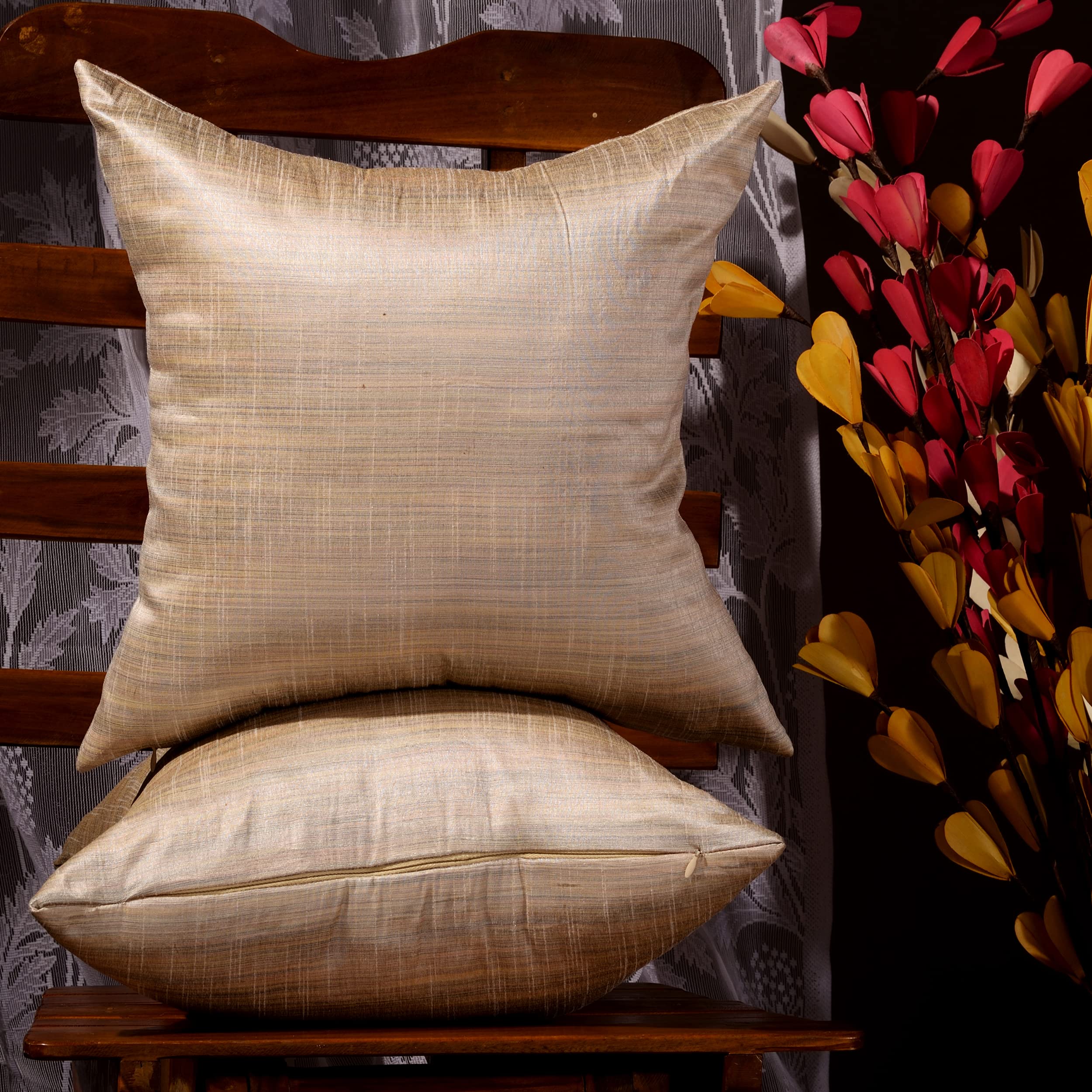 Boho Decorative Throw Pillows Set of 2 - 12x12 Inch Silk Solid Pillow Covers for Couch, Sofa & Bed - Cream Farmhouse Living Room Decor for Cozy Home, Bedroom & Guest House