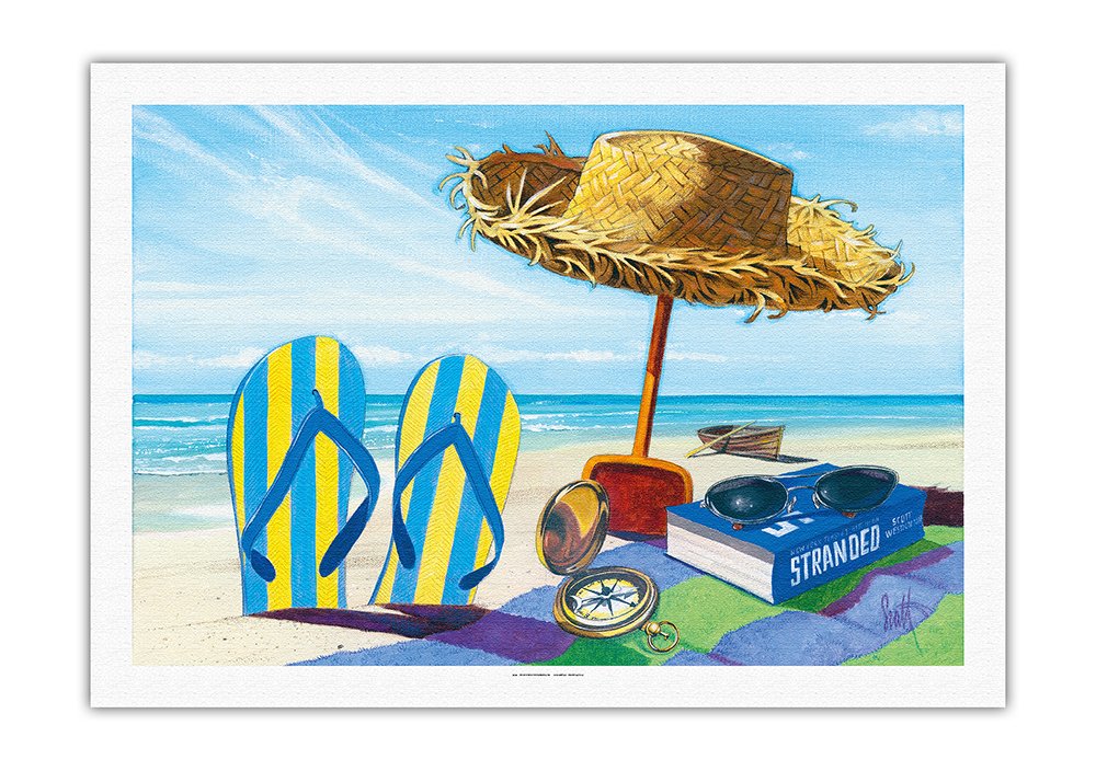 Scott Westmoreland Original Beach Art Print - 27x40 Inch Rolled Canvas Painting with Straw Hat, Sunglasses & Flip Flops - Perfect for Coastal Home Decor, Vacation House Wall Art & Beach Theme Gifts