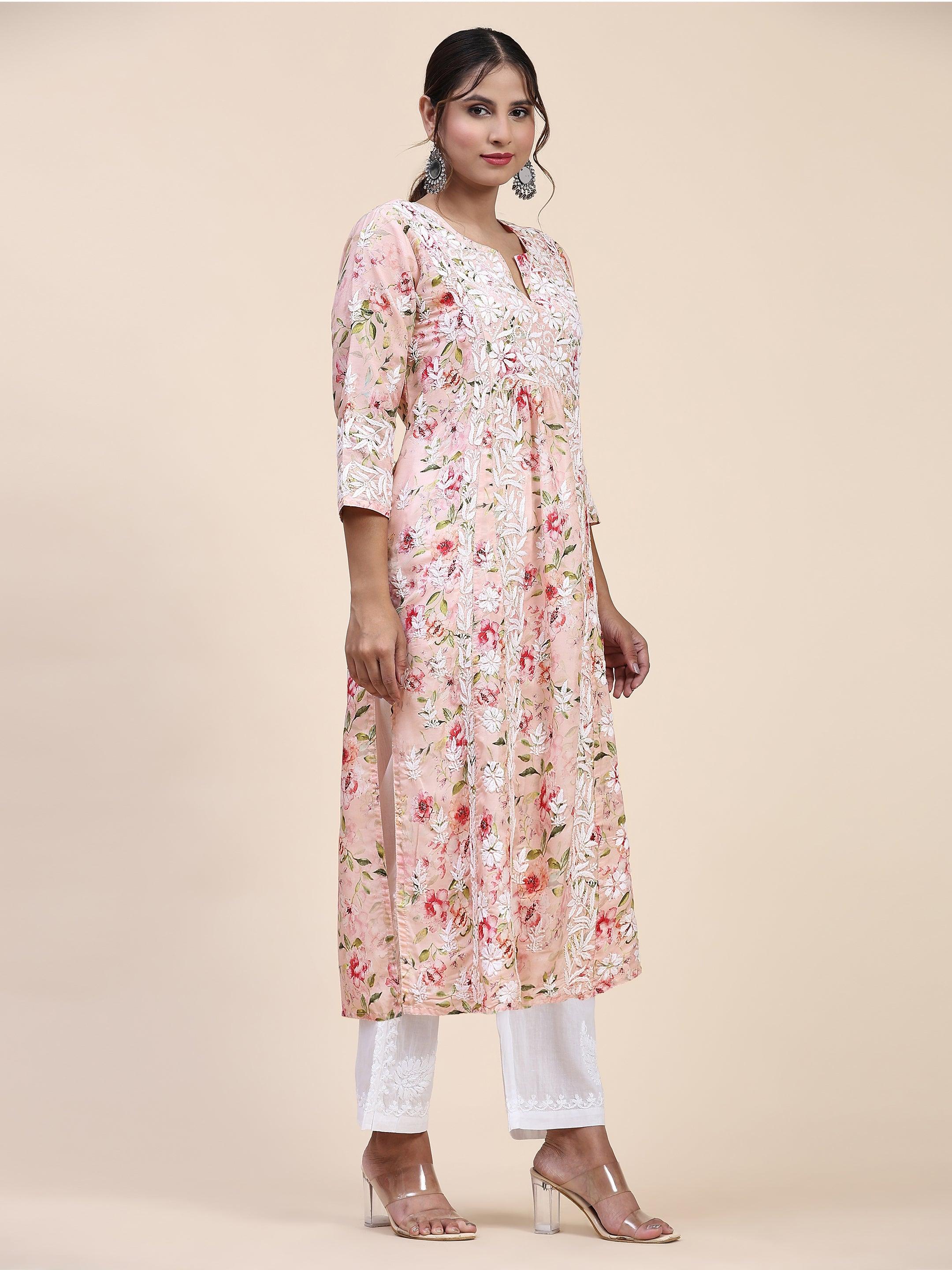 Farheen Chikankari Long Kurta for Women - Pink Printed Muslin Cotton - Perfect for Festivals, Weddings & Casual Wear