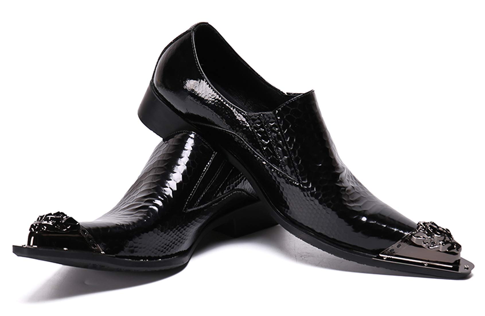 Santimon Men's Pointed Toe Loafers - Shiny Patent Leather Dress Shoes with Stylish Metal Tip for Western Fashion | Perfect for Business, Office & Formal Occasions