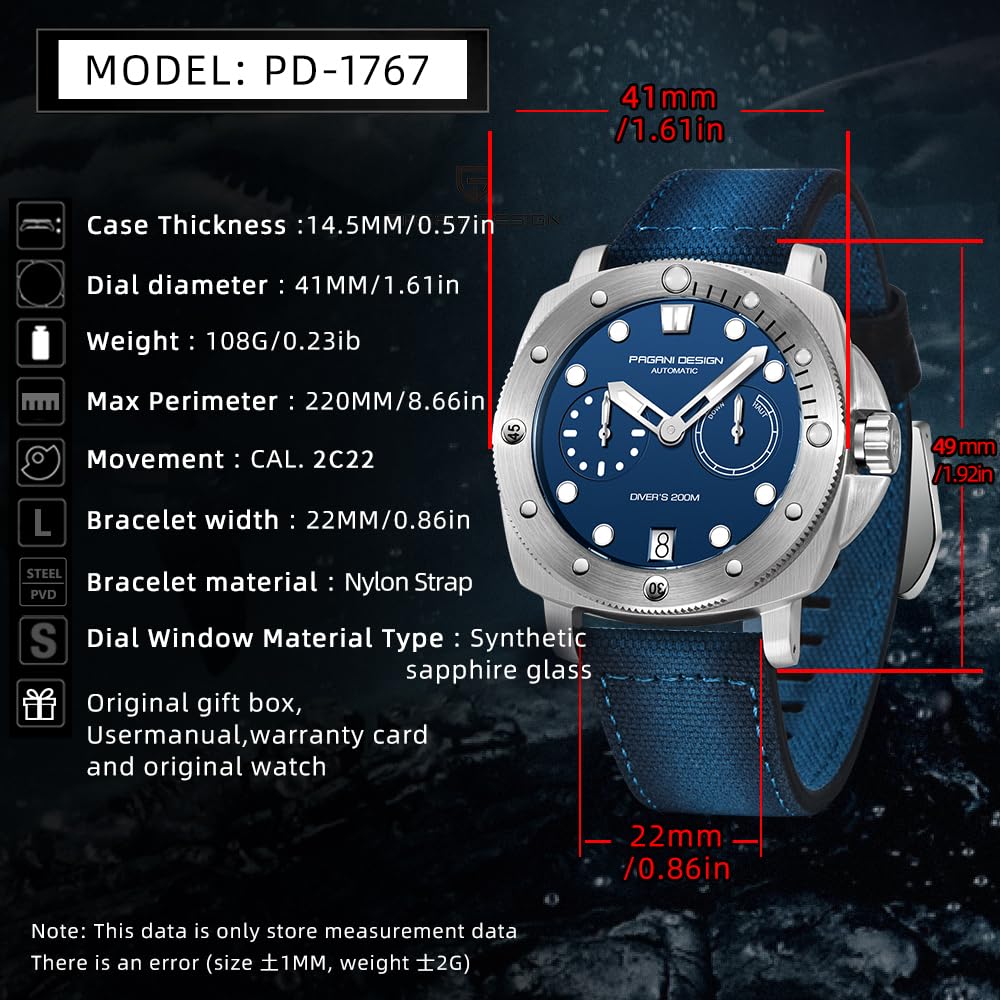 Pagani Design 1767 Men's Automatic Self-Winding Watch - Square Military Sport Watch with Nylon Strap, 200M Waterproof & Power Reserve Dial - Perfect for Outdoor Adventures, Diving, and Everyday Wear
