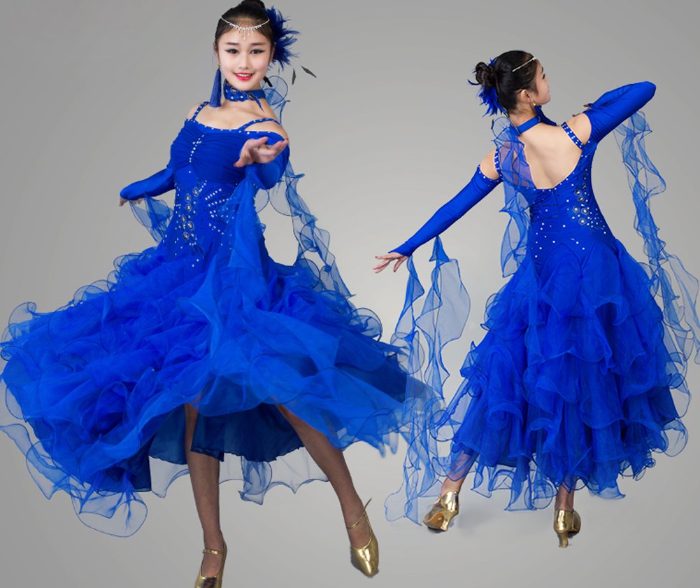 Elegant Women's Modern Waltz Tango Smooth Ballroom Dance Dress - Standard Competition Ball Gown (Blue, Size M) | Perfect for Professional Dance Competitions & Social Events