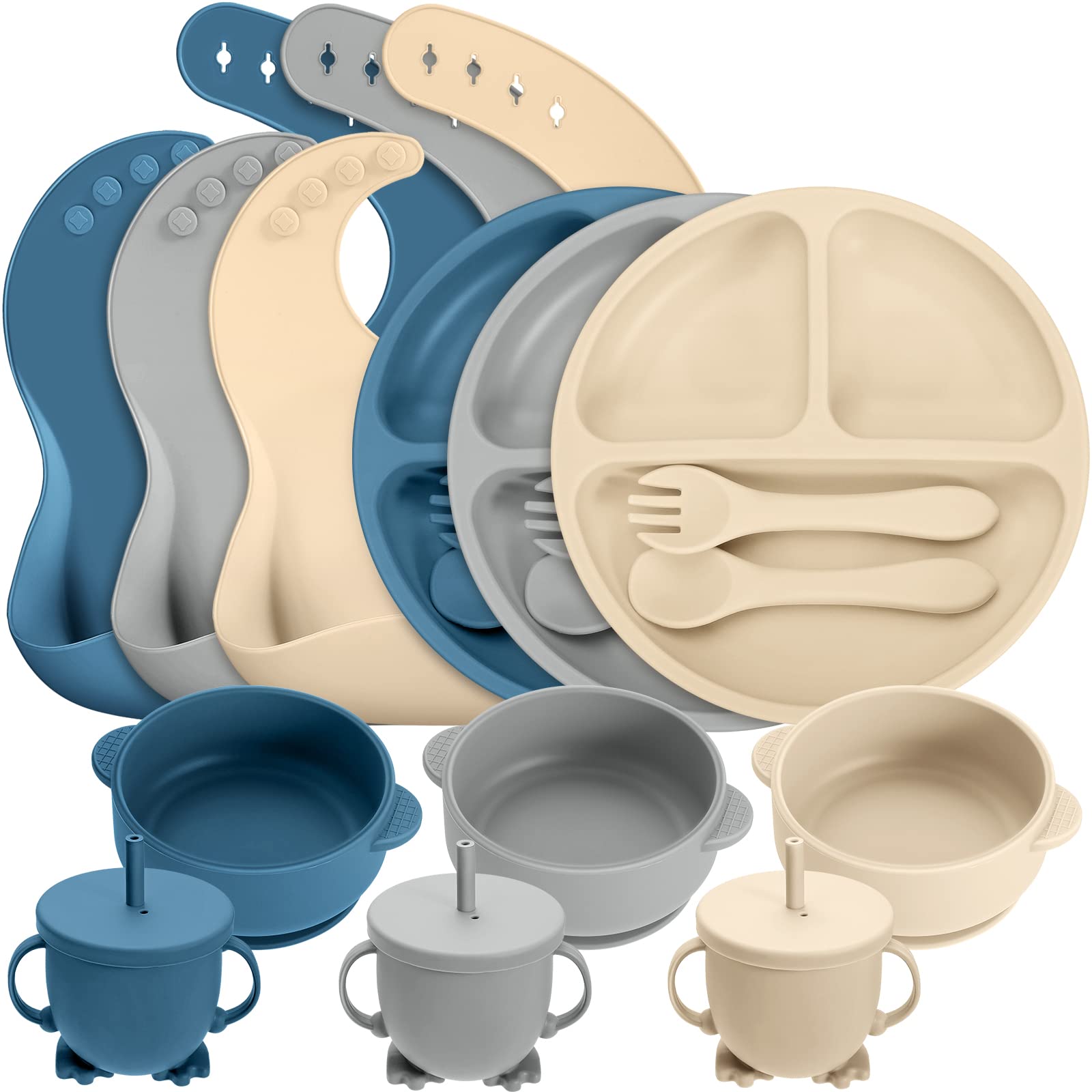 18-Piece Silicone Baby Feeding Set with Adjustable Bibs, Suction Bowls, Divided Plates & Utensils - BPA-Free Toddler Dinnerware for Mess-Free Meals (Beige, Dark Blue, Gray) | Perfect for Home, Travel & Daycare Use