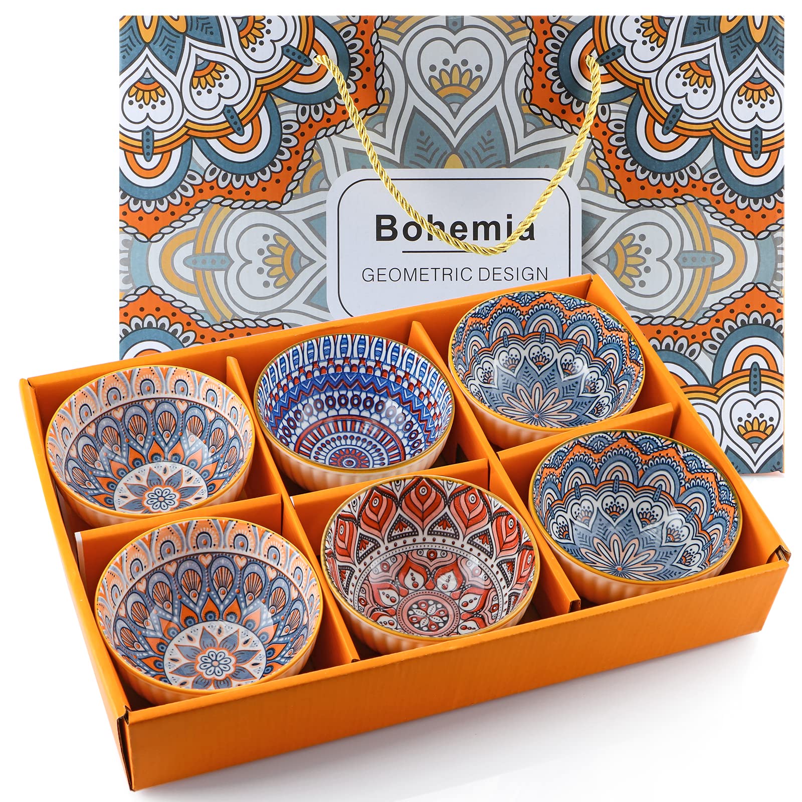 10 oz Ceramic Rice Bowls Set of 6 - Bohemian Style Dinnerware for Soup, Cereal, Dessert, Snacks & Fruit - Geometric Pattern Serving Bowls for Home, Restaurant & Gift Giving