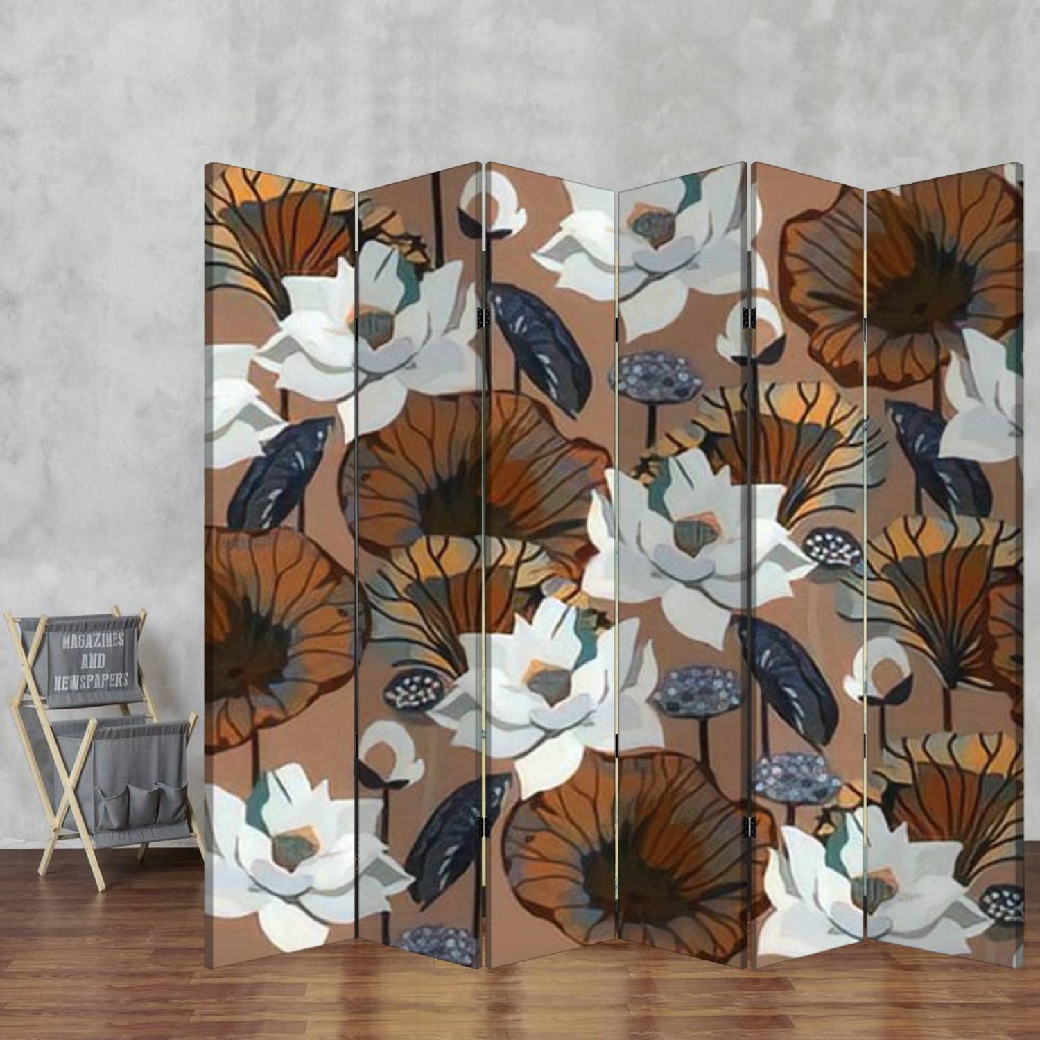 Brown Wooden Room Divider with Lotus Flowers - 6-Panel Folding Privacy Screen for Home & Office - Dual-Sided White Floral & Dark Leaf Design - Perfect for Indoor Spaces, Bedroom Partition, and Decorative Display