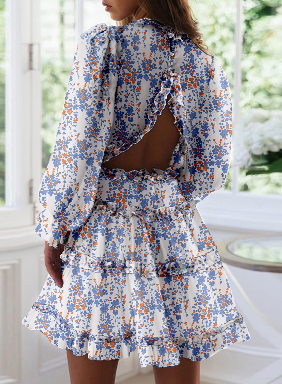 Dokotoo Women's Deep V Neck Long Sleeve Backless Ruffle Floral Flowy Mini Dress for Spring Summer 2025 | Sexy Party Cocktail Dress for Night Out, Date Night, Beach Vacation