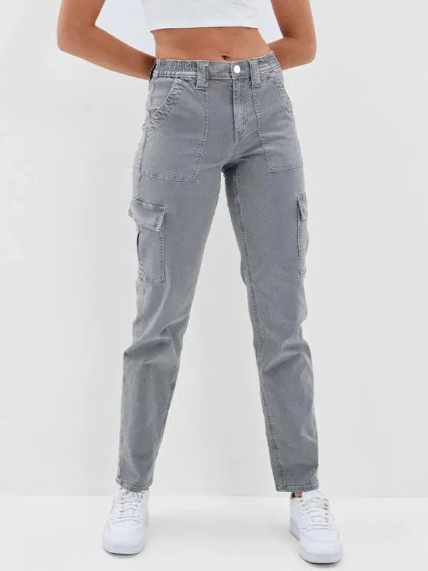 Washed Women's Cargo Denim Jeans - Stylish & Comfortable High-Waisted Pants for Casual Wear, Outdoor Adventures & Street Fashion