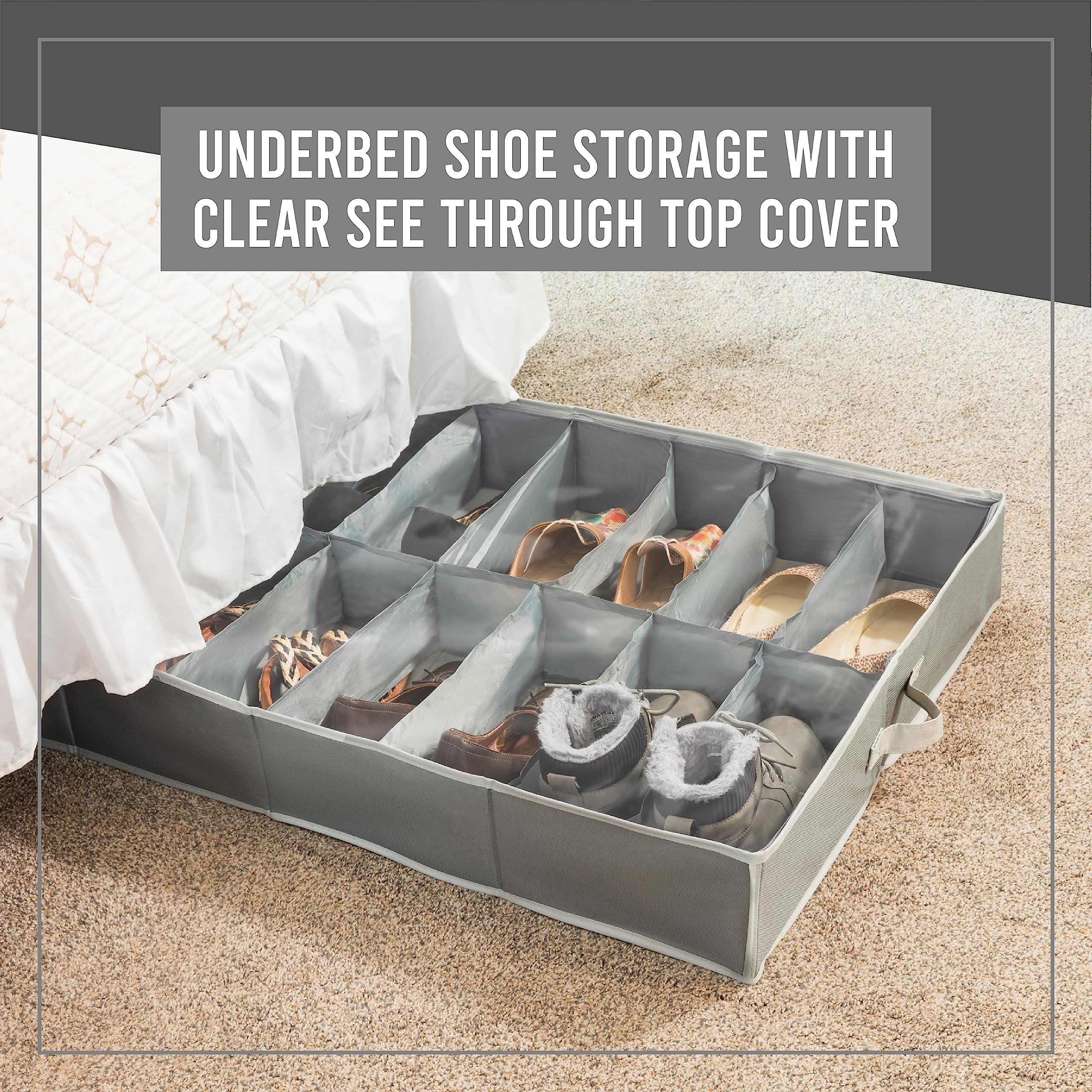 Under Bed Shoe Storage Organizer - Heavy Duty 600D Tear-Resistant Fabric - Holds Up to 16 Pairs of Men's & Women's Shoes - Extra Strong Zipper Closure - Space Saving Grey Shoe Box - Perfect for College Dorms, Small Apartments & Closet Organization