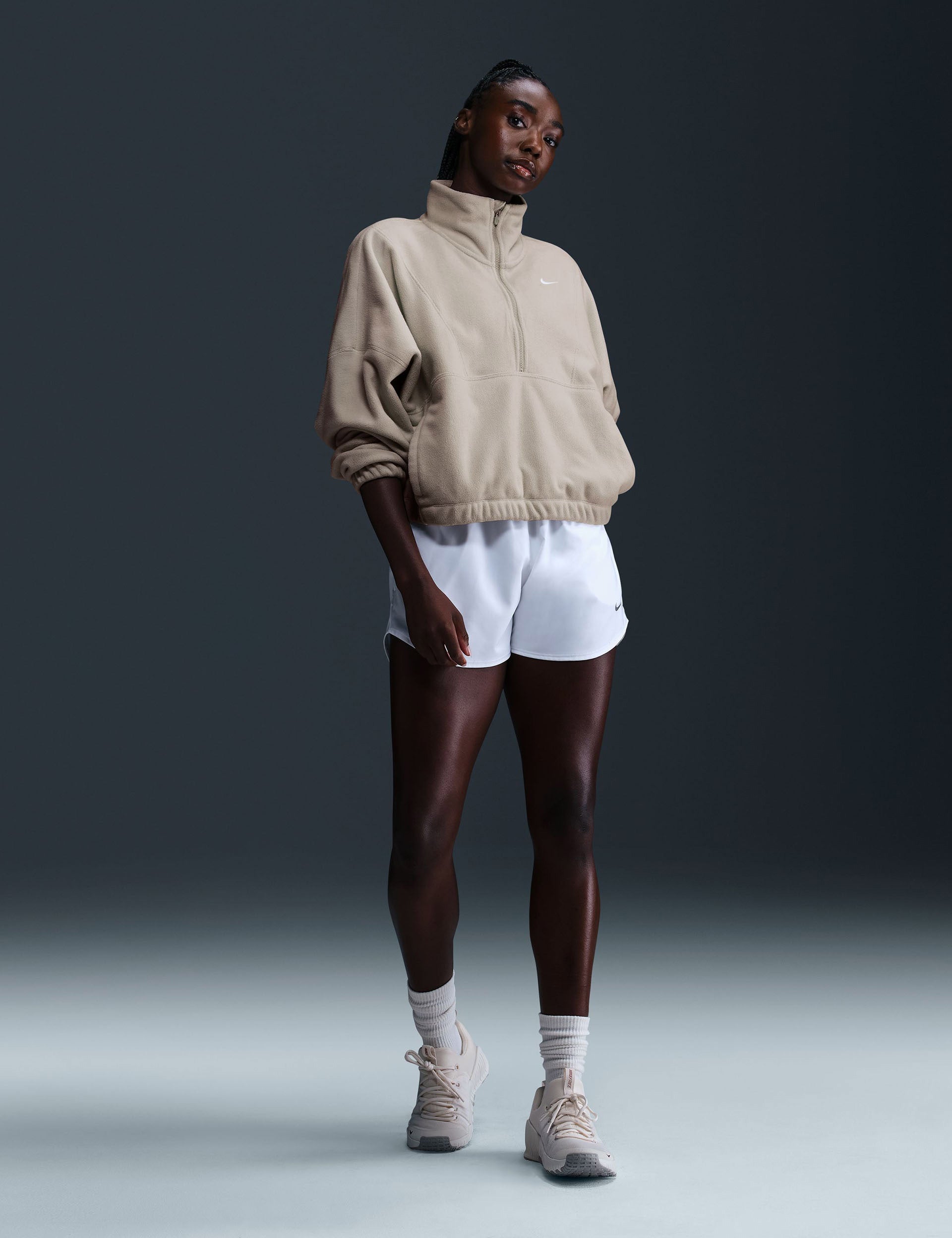 Oversized 1/2 Zip Fleece Top for Women - Light Orewood Brown & White | Cozy Winter Pullover for Casual Outfits, Outdoor Activities & Lounge Wear