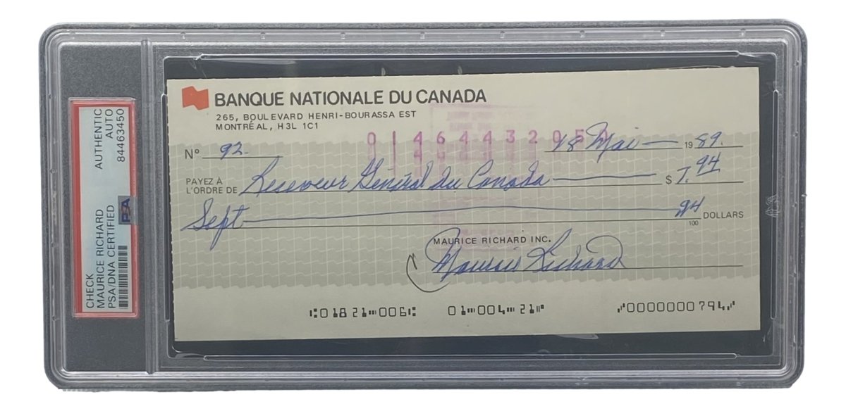Authentic Maurice Richard Signed Montreal Canadiens Bank Check #92 - PSA/DNA Certified Hockey Memorabilia for Collectors & Sports Fans - Perfect for Display, Investment & Gift Giving