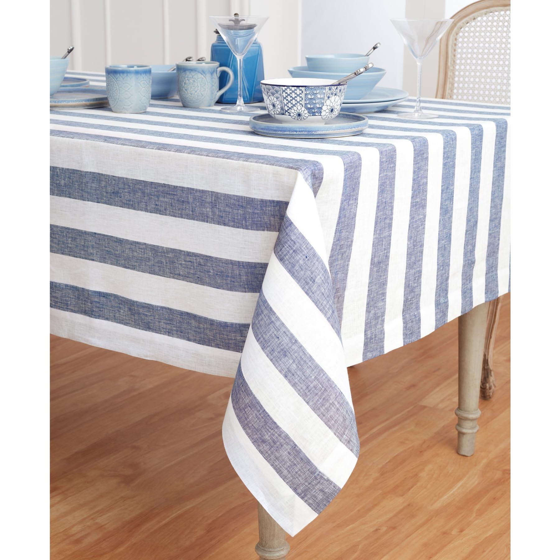 Solino Home 100% Pure Linen Tablecloth - Navy & White Striped 60x120 Inch - Machine Washable Handcrafted Table Cover for Dining Room, Kitchen, Outdoor Picnics - Perfect for Spring Decor, Mothers Day, Easter Party & Beach House Decorations