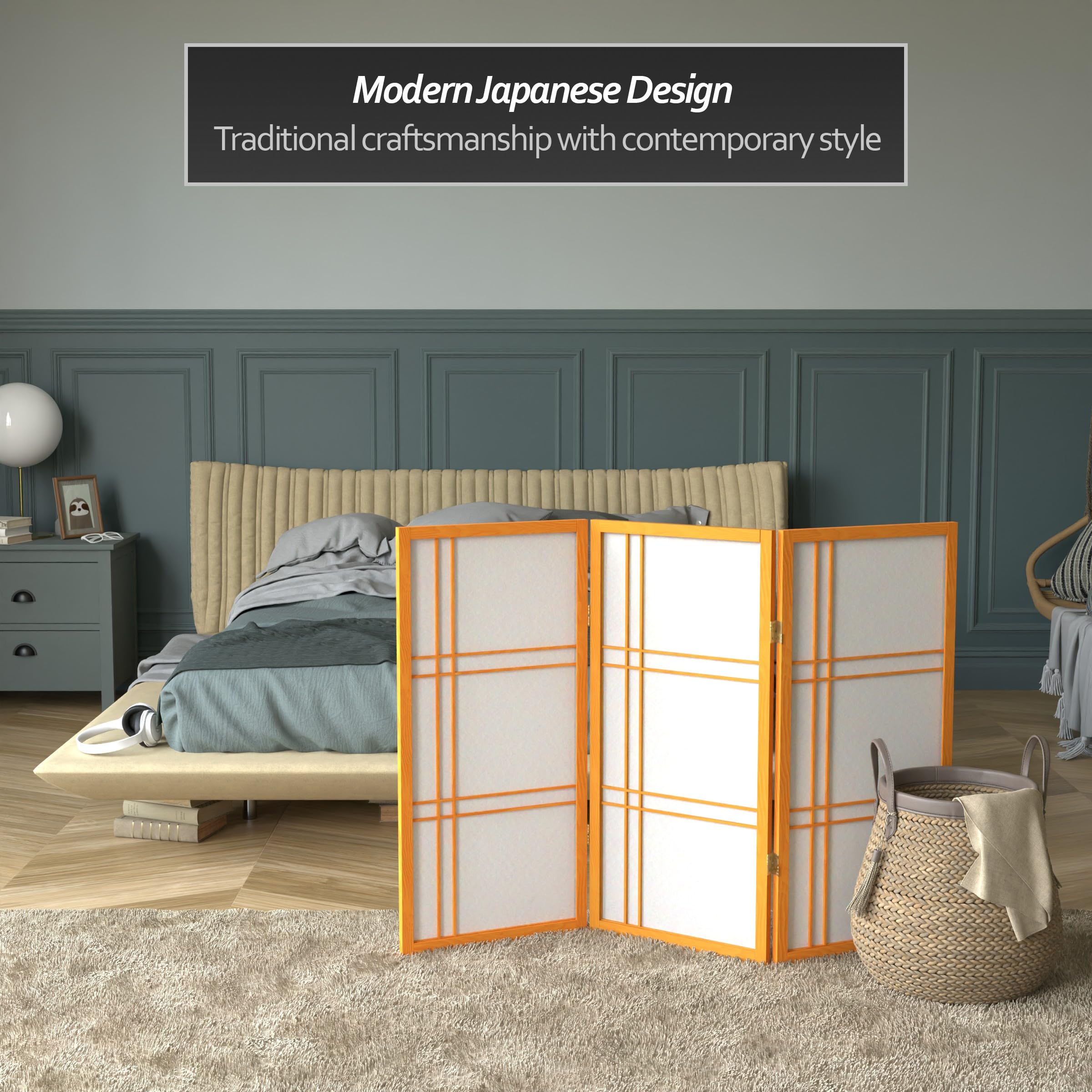 3 ft. Short Double Cross Shoji Screen - Honey Bamboo Wood - 3 Panel Room Divider for Home, Office & Meditation Space - Lightweight & Foldable Privacy Partition
