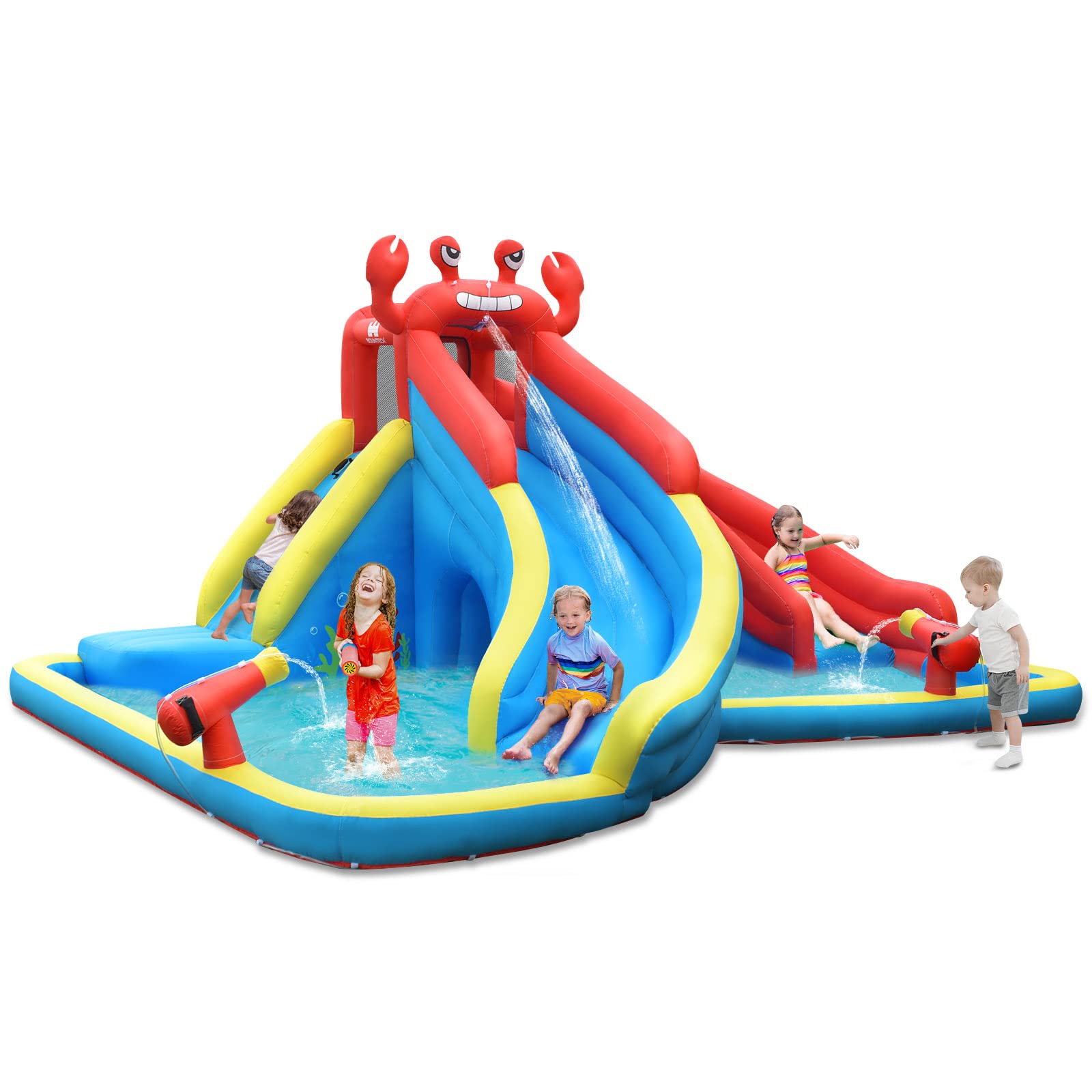 BOUNTECH Inflatable Crab Water Slide for Kids - Dual Racing Slides, Climbing Wall & Hide & Seek Cave - Outdoor Blow Up Water Park for Backyard Parties, Summer Fun & Toddler Play - Perfect for Birthdays, BBQs & Family Gatherings