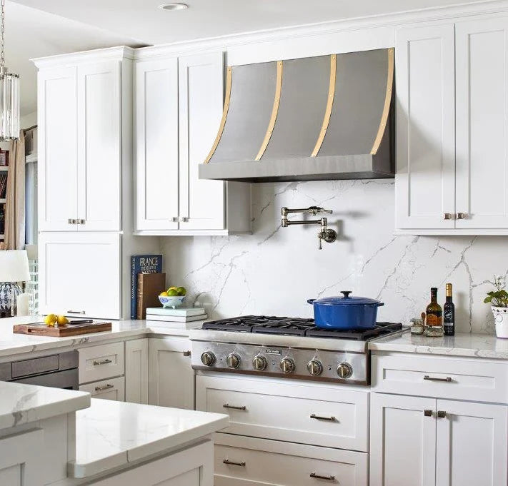 Premium RHM Custom Stainless Steel Slope Vent Hood with Brass Straps - SH8 4TR Model | Commercial Kitchen Range Hood for Restaurants & Home Kitchens
