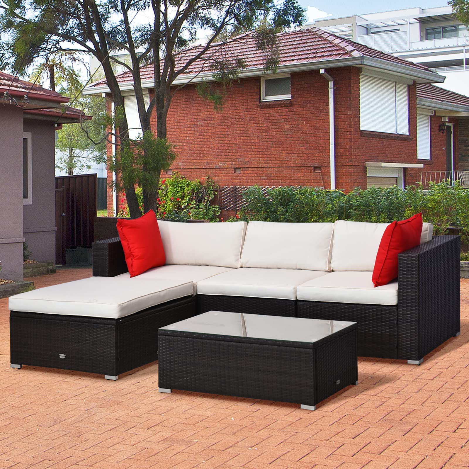 Outsunny 5-Piece Patio Furniture Set with Cushions & Glass Coffee Table - PE Rattan Wicker Sectional Sofa Set with Pillows for Garden, Backyard, Poolside (Brown/Cream White) - Perfect for Outdoor Relaxation & Entertaining