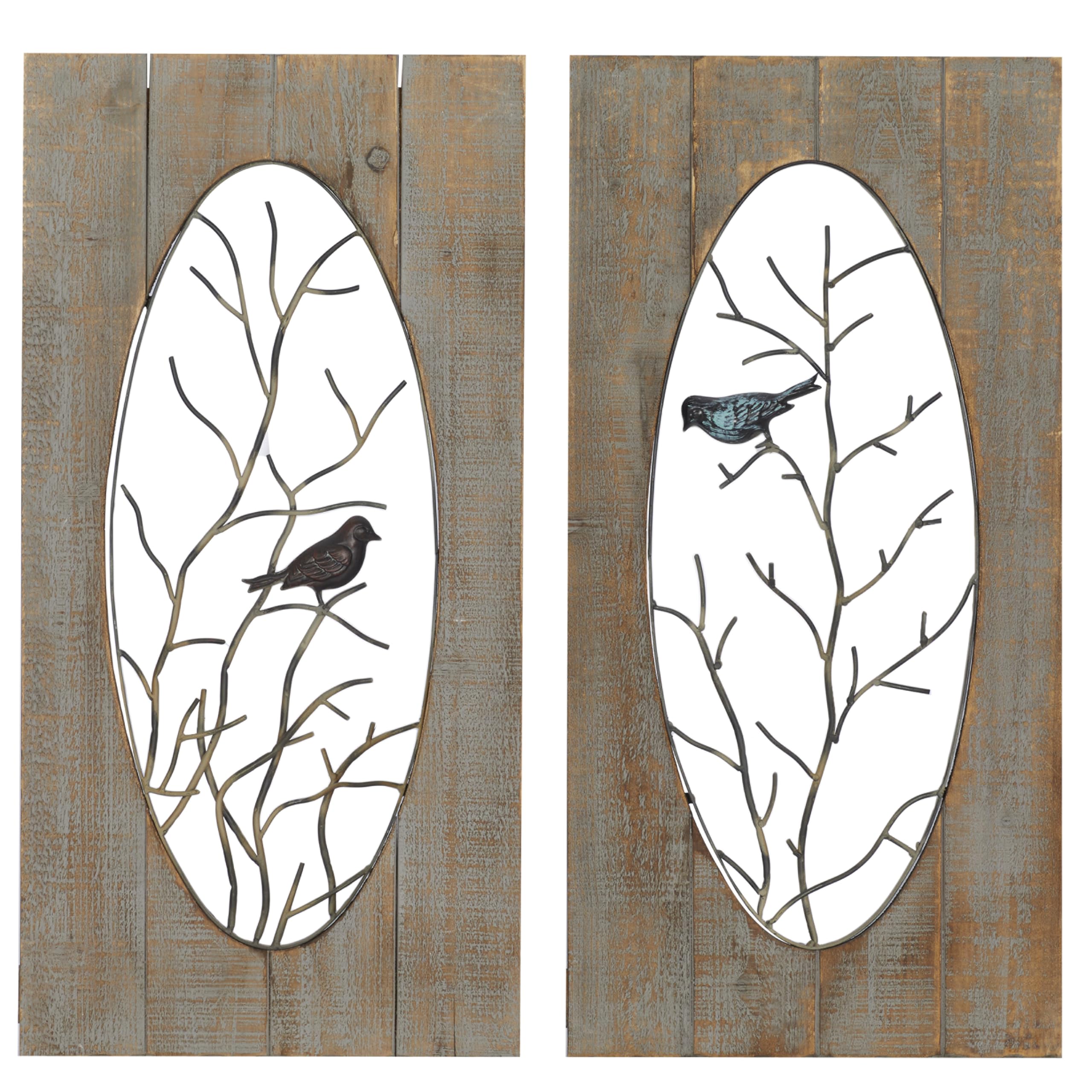 Deco 79 Wooden Bird House Wall Decor - Set of 2 Natural Branch Wall Sculptures 18x1x36 Inches, Rustic Brown Home Art - Perfect for Living Room, Bedroom & Farmhouse Decor