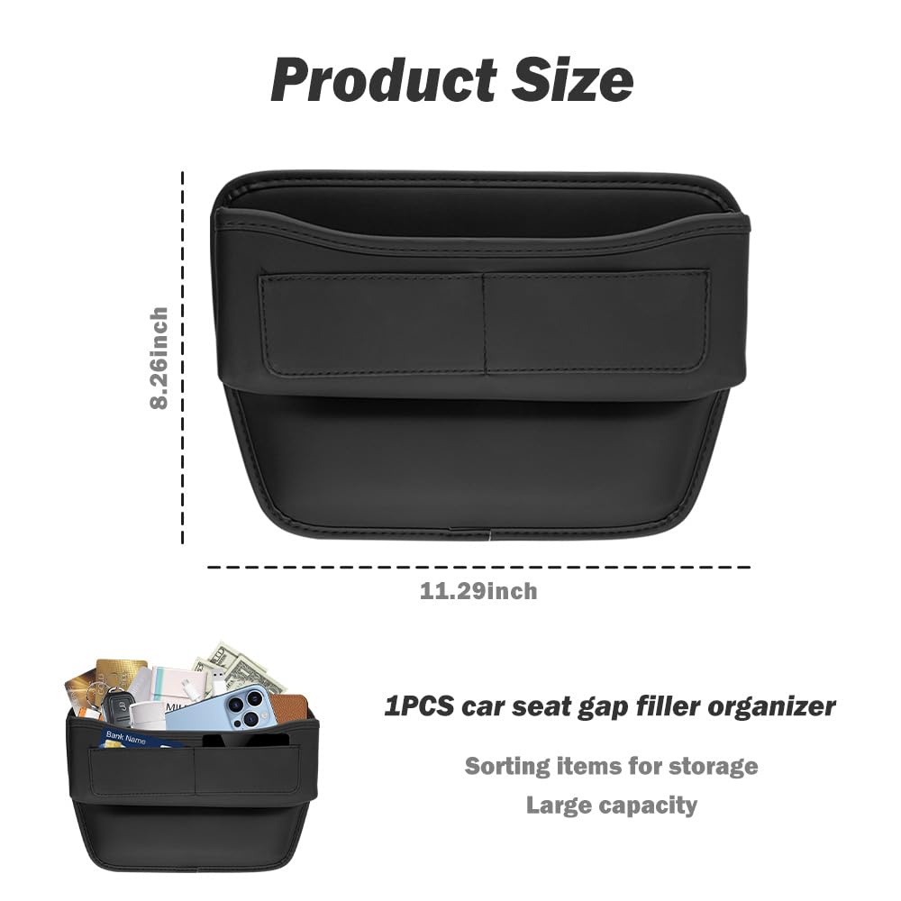 Leather Car Seat Gap Filler Organizer with Card Holder - L-Capacity Storage Box for Phone, Keys, Glasses & Essentials | Perfect Car Accessories for Organization & Convenience (Black) | Ideal for Daily Commute, Road Trips & Family Travel