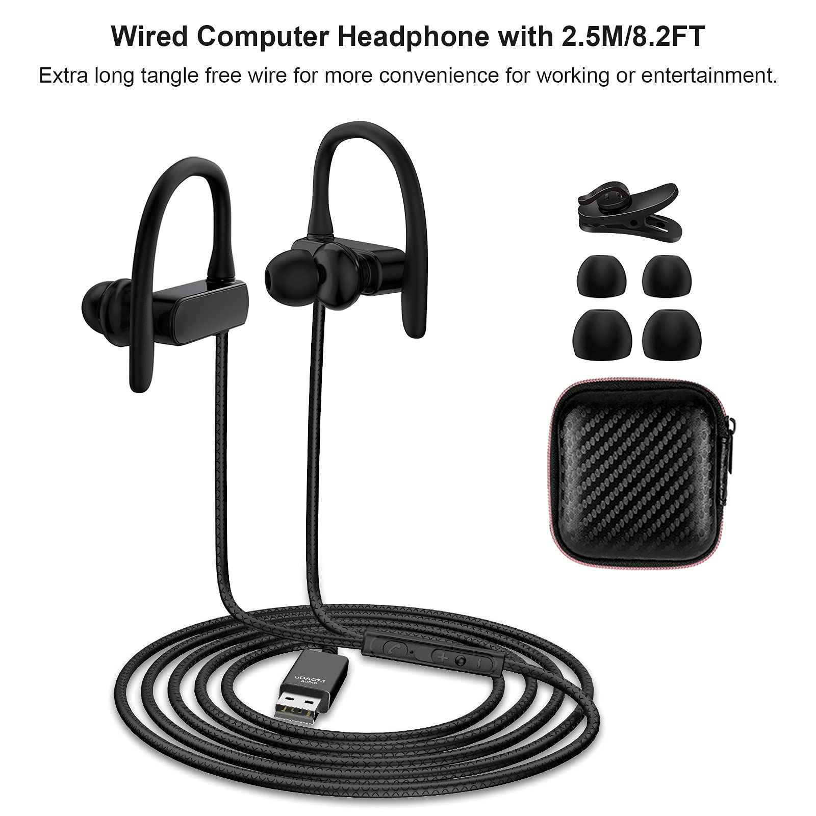 TITACUTE USB Computer Headphones with Microphone - 2.5M/8.2FT Wired Noise Canceling Earbuds, Mute & Volume Control, Over-Ear Hook Design for MacBook, Chromebook, Laptop, Desktop - Perfect for Zoom Meetings, Online Classes & Remote Work