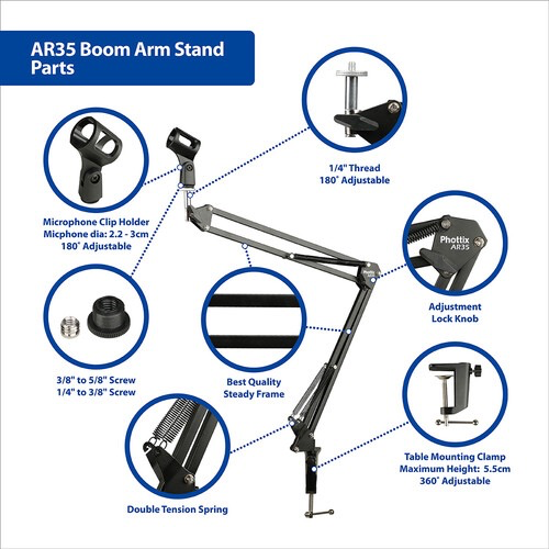 Phottix AR35 Adjustable Desktop Boom Arm Stand for Microphone, Podcast & Streaming - Perfect for Home Studio, Gaming & Office Setup