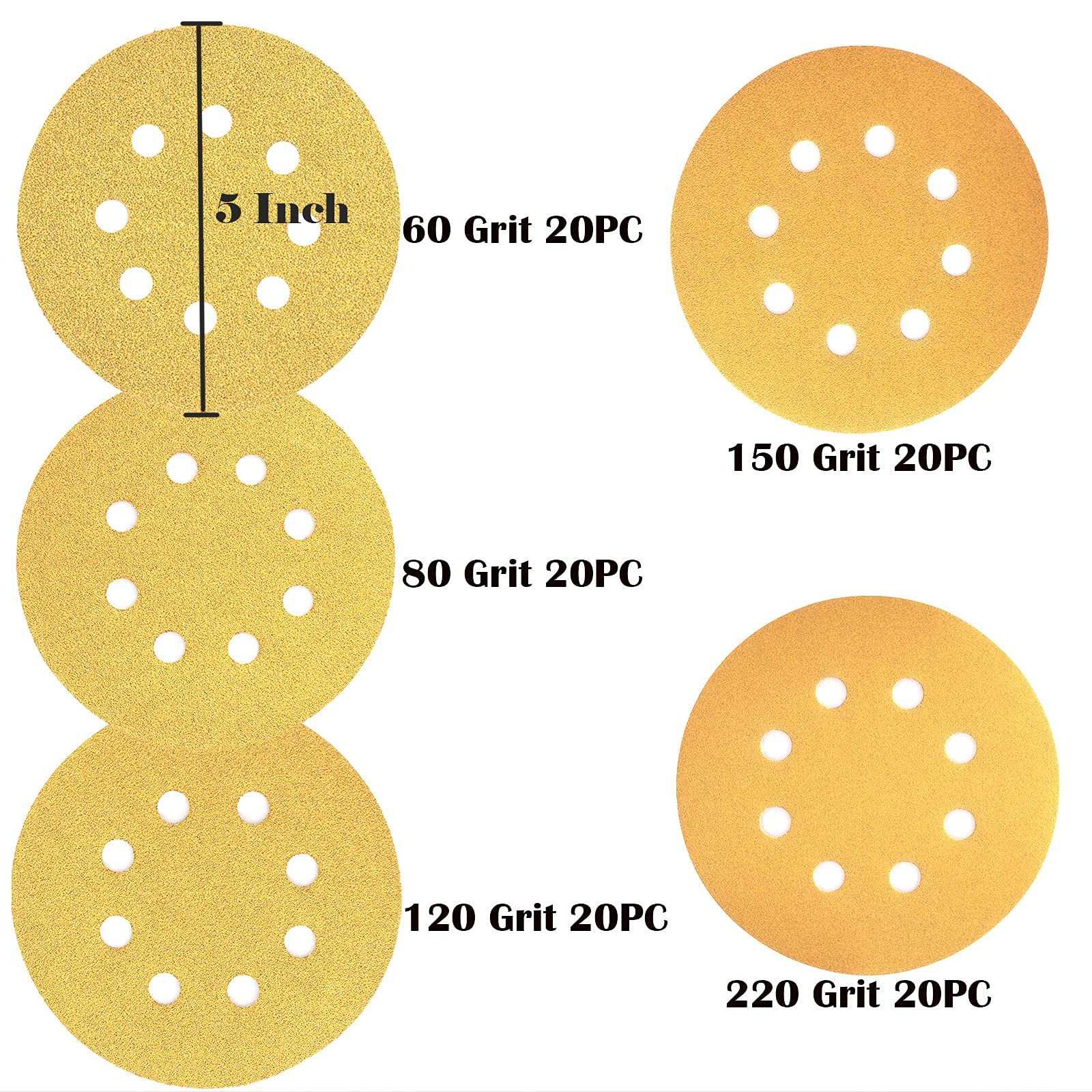 5-Inch Hook and Loop Sanding Discs 100Pcs - 5