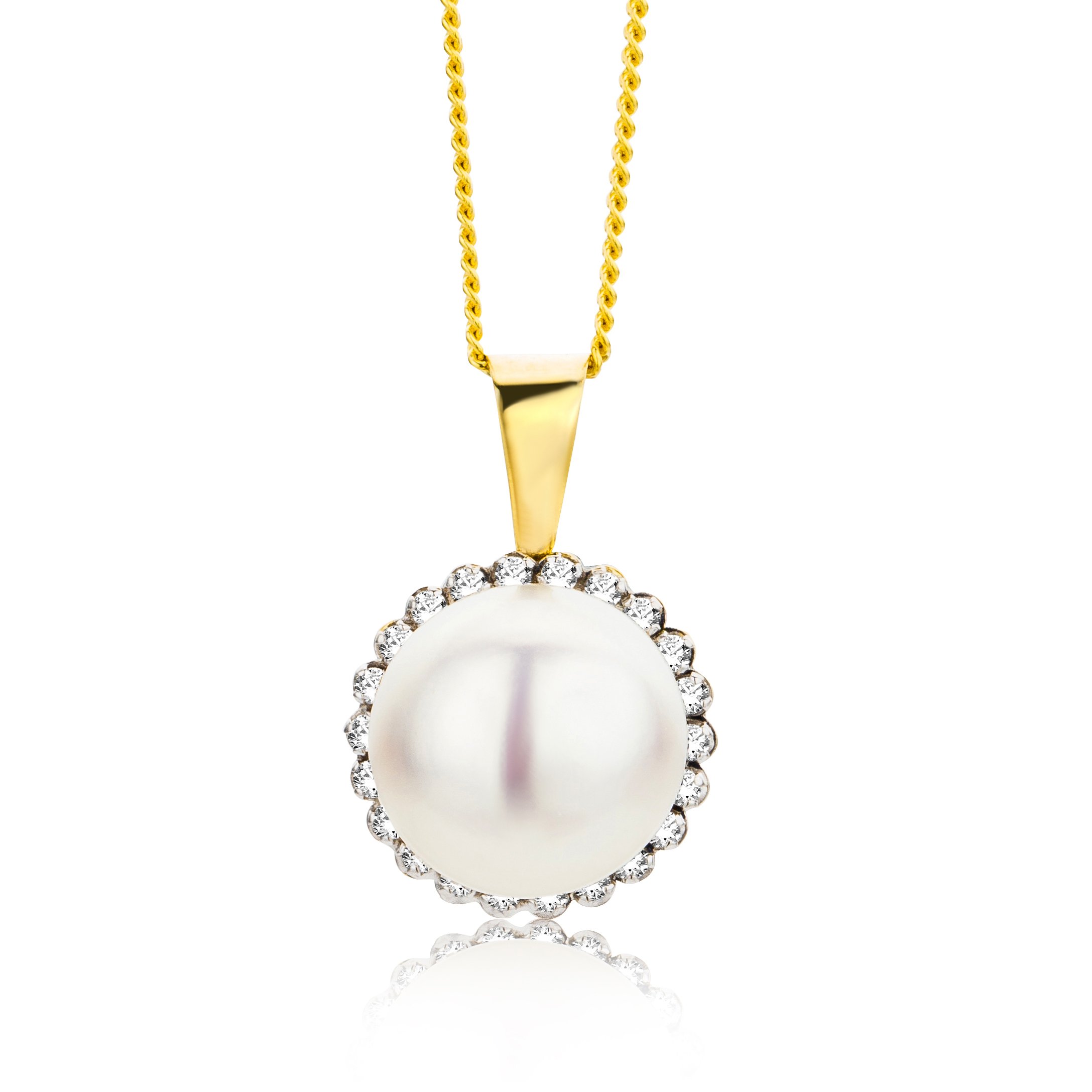 Miore Women's Freshwater Pearl Necklace - 9K Yellow Gold Pendant with Brilliant Cut Zirconia, 45cm Chain | Elegant Jewelry for Weddings, Parties & Special Occasions