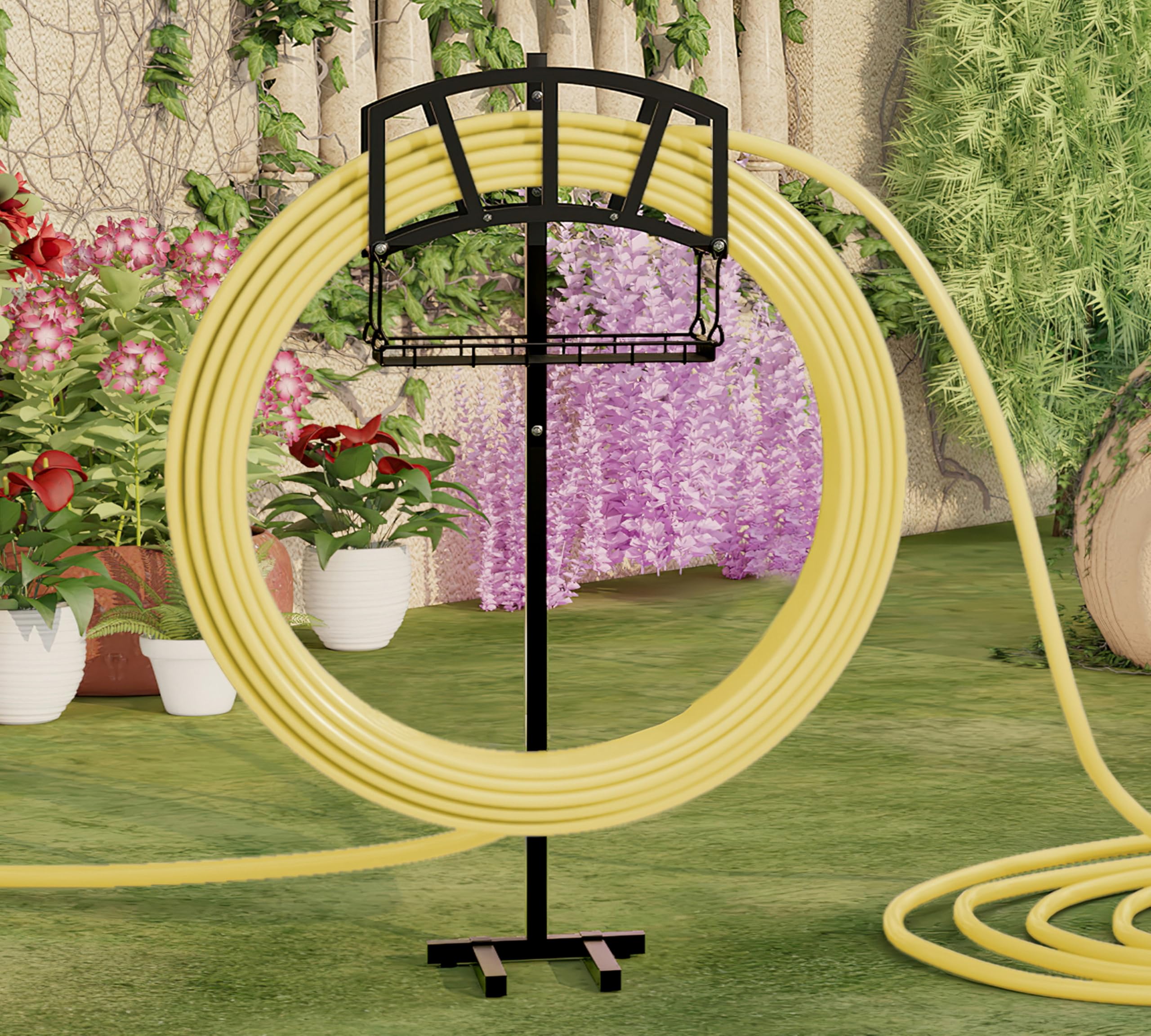 Fire Beauty Freestanding Garden Hose Holder with Storage Basket - Heavy Duty In-Ground Hose Rack Organizer for Outdoor Use - Detachable Hose Reel Stand for Lawn, Yard & Garden Watering (Perfect for Backyard, Patio & Landscaping)